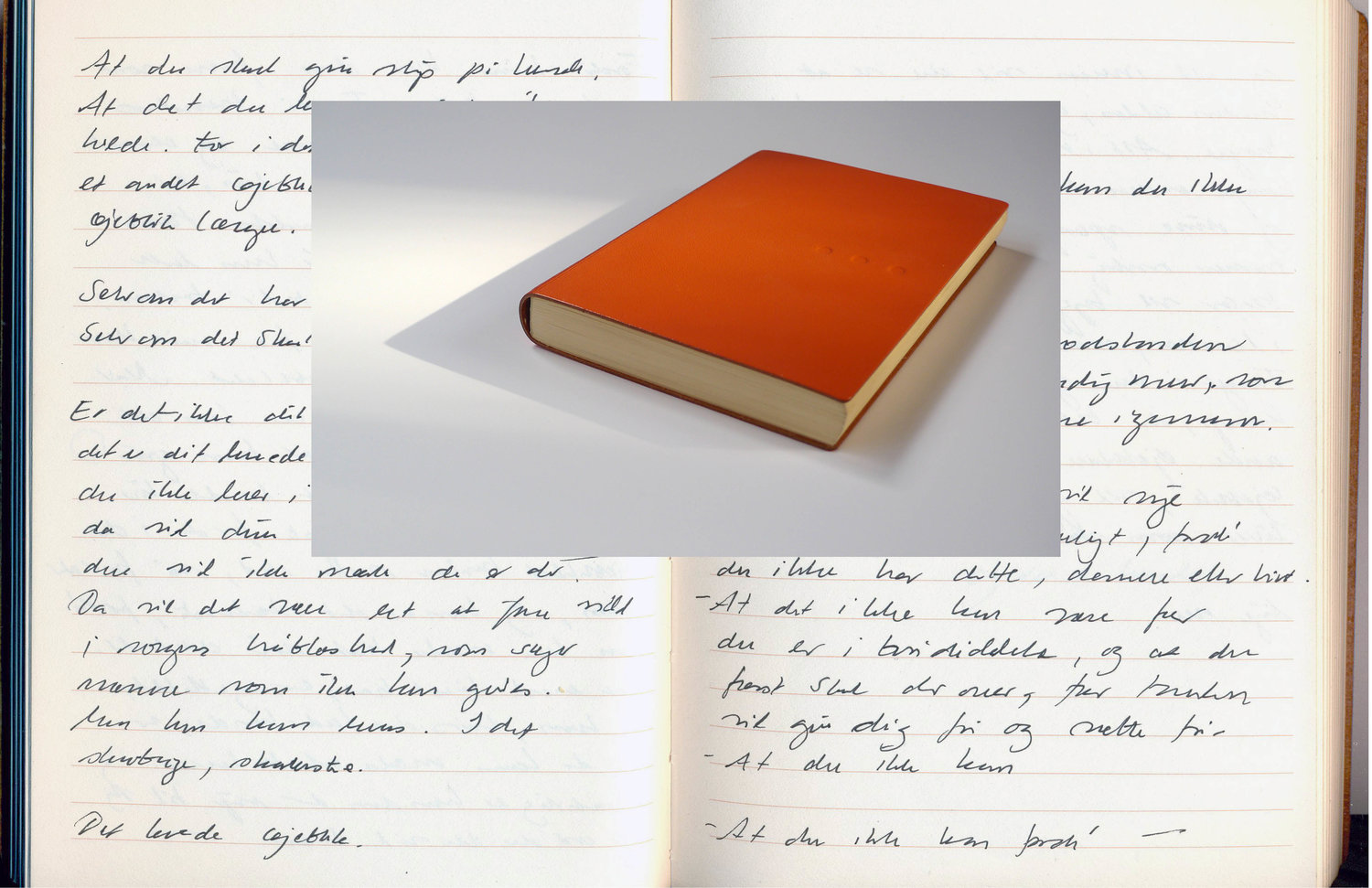 2013, Orange - Ode to Pleasure Helene Lundbye Petersen, Orange - Ode to Pleasure, 2013, Calligraphic Manuscript, 294 pages handwritten in Israel. Lined white paper, orange leather cover. 18.5 x 12 x 1 cm.