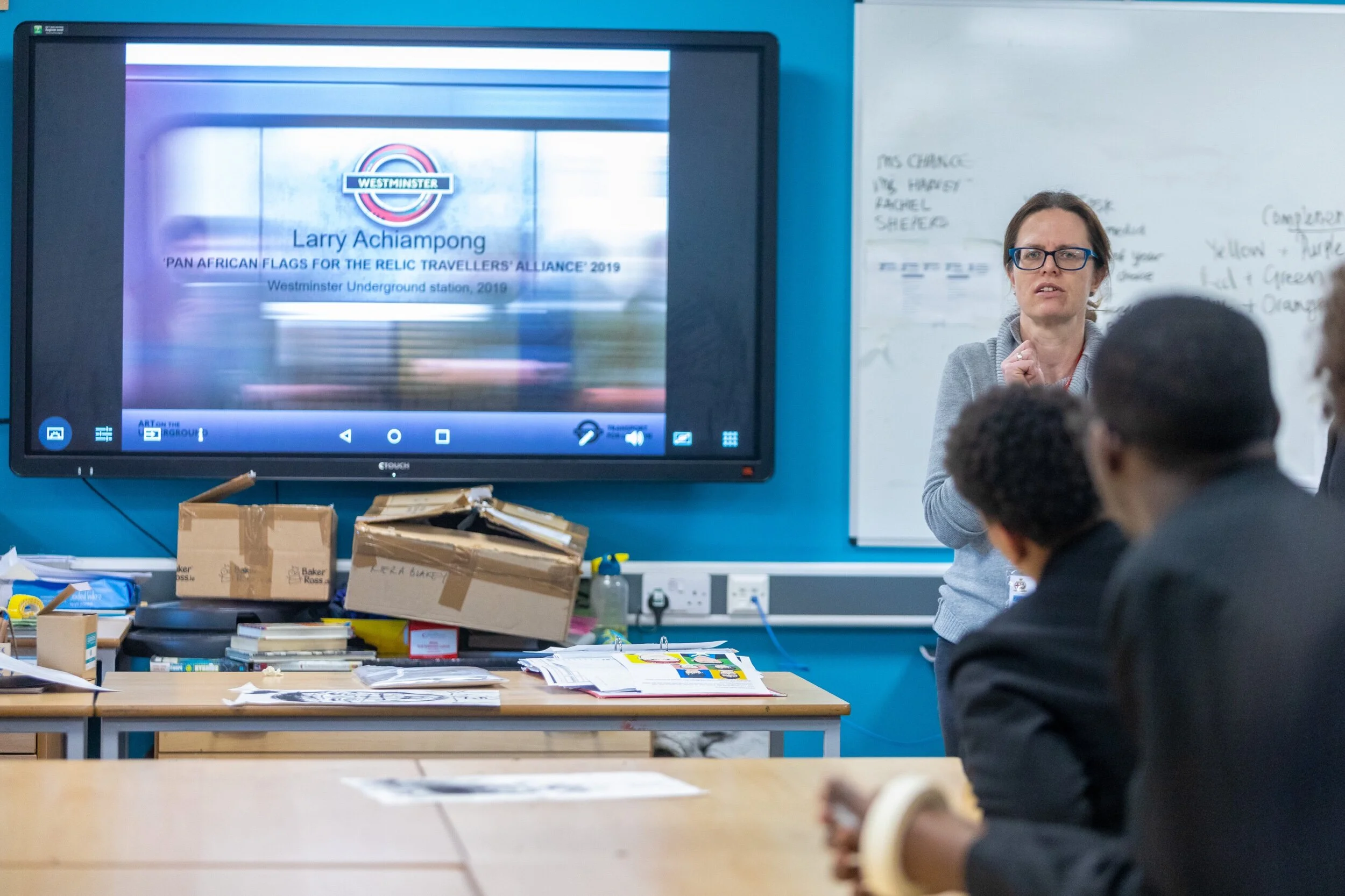 Talking about Larry Achiampong’s commission. Photo: Benedict Johnson