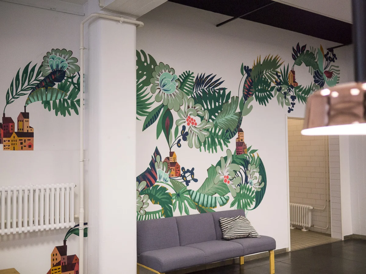 Lounge wall mural, comissioned work by Alppila church, Helsinki 2016