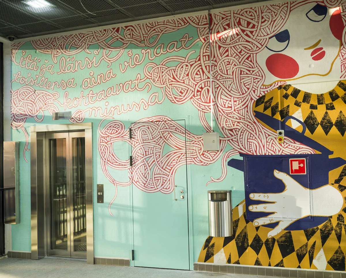 Railway station murals at Myyrmäki station (600 square meters in total) , collective work by Multicoloured Dreams -street art collective. Commissioned by City of Vantaa 2015