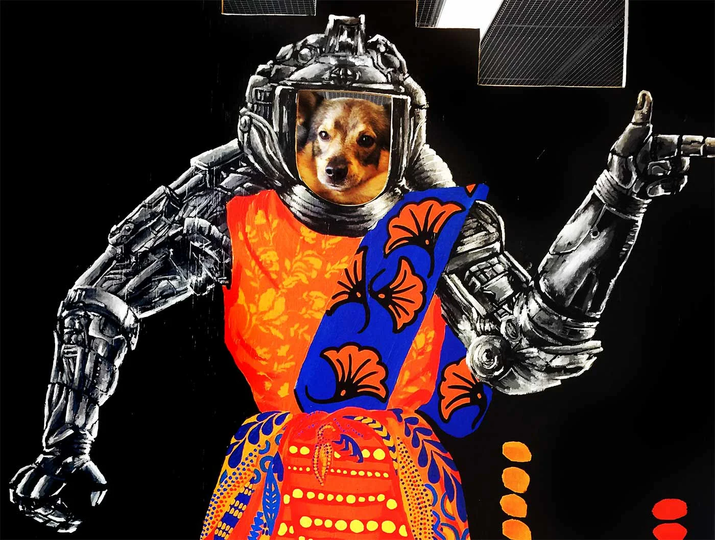 Painting in collaboration with Jenni Väisänen and Essi Ruuskanen featuring Surku the Dog (2016).