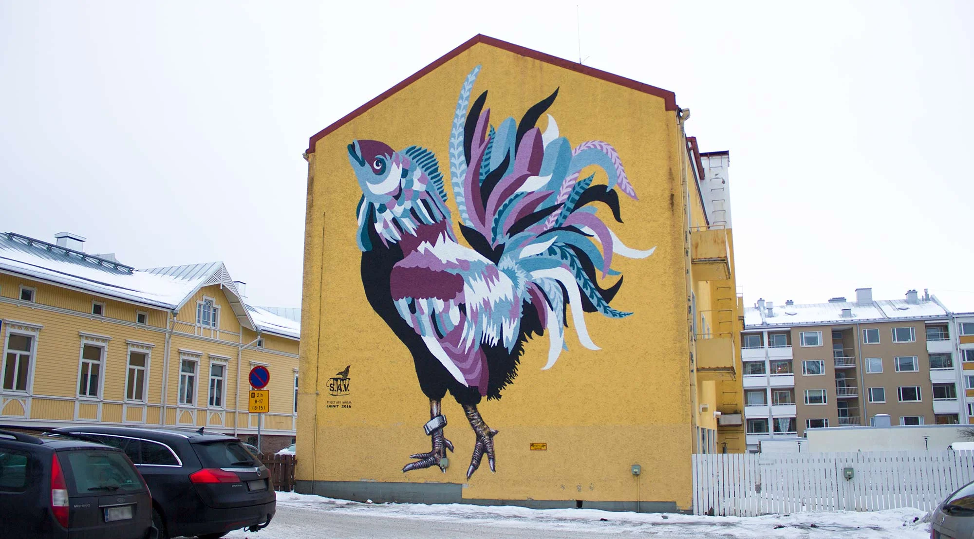 "Severi Gallus" (2016), a collaboration with Essi Ruuskanen and Jenni Väisänen for Lainit street art festival in Kuopio.