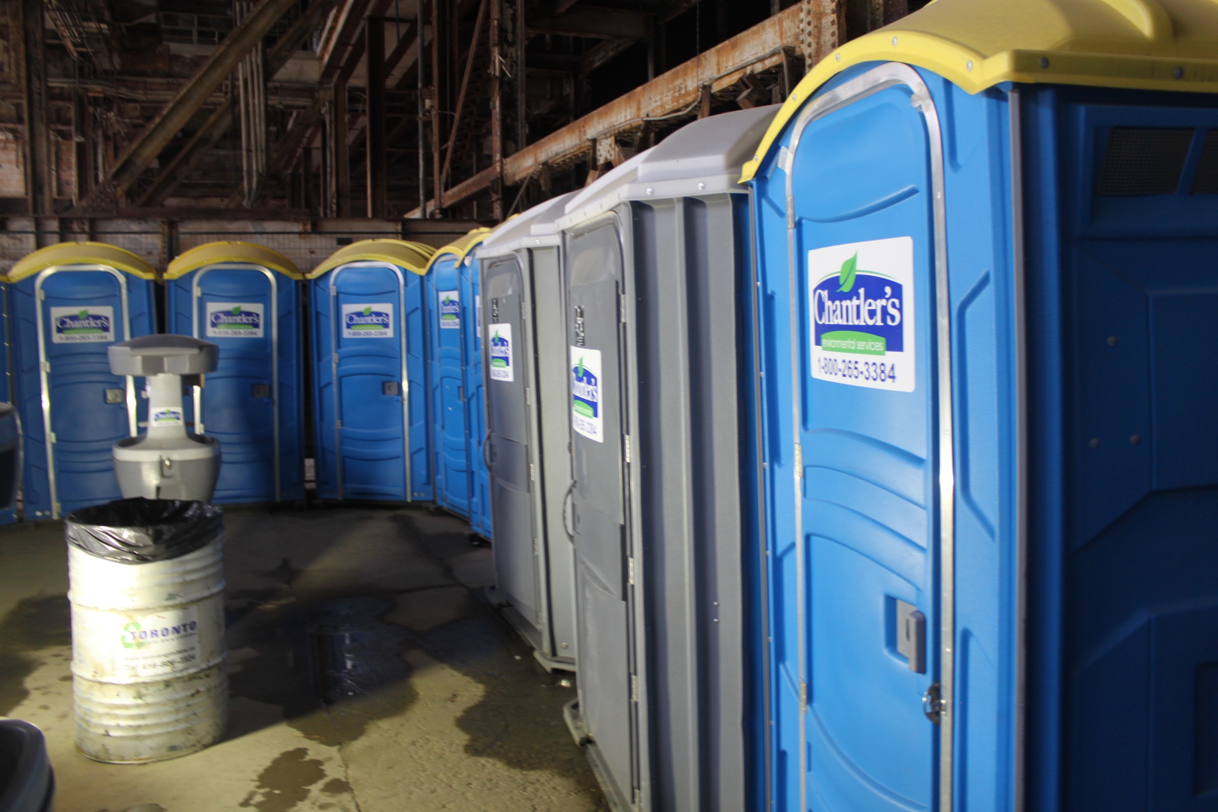 Picture of rows of portable washrooms with two being accessible