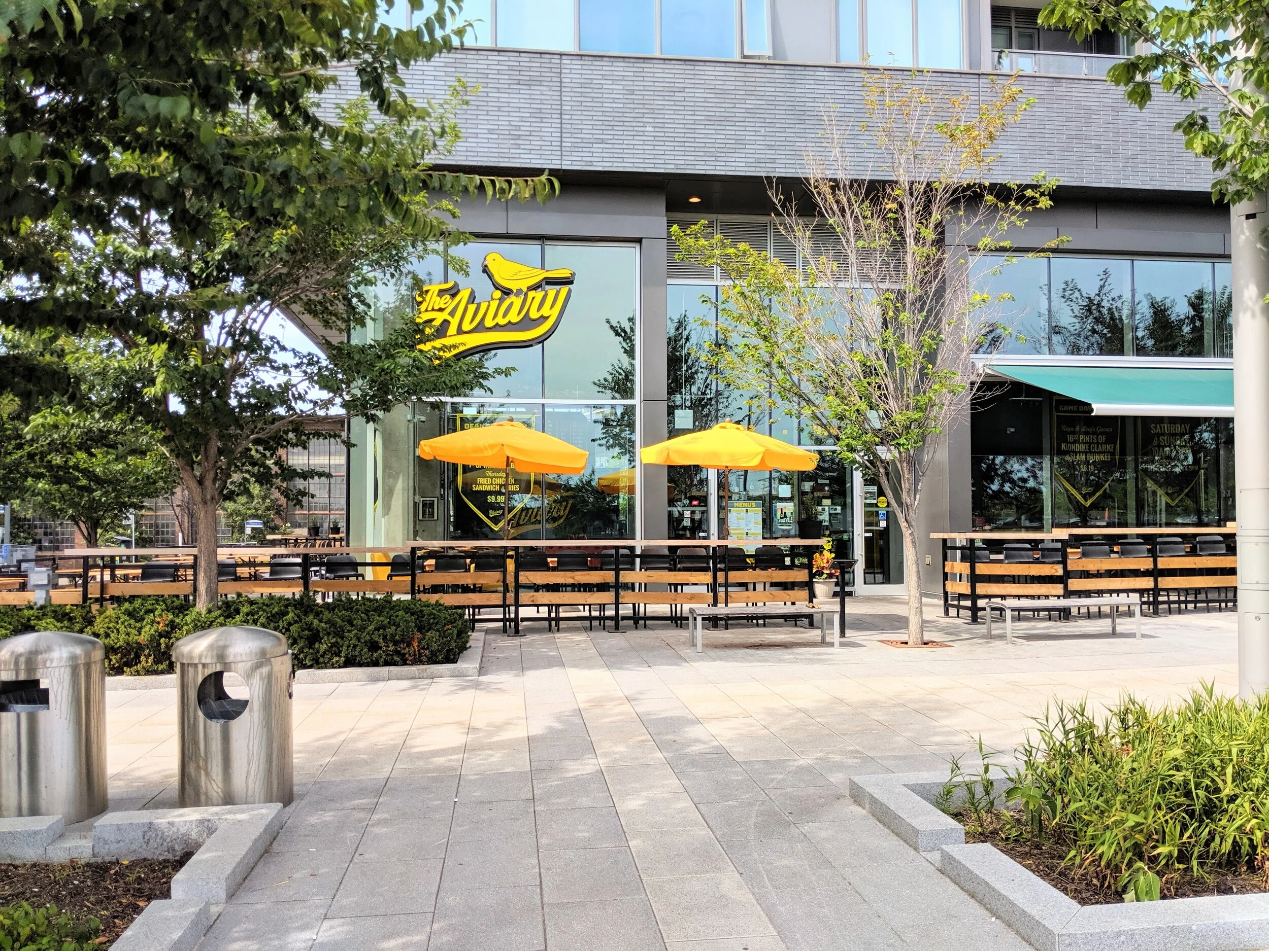 Picture of the wide exterior of the Aviary Brewpub