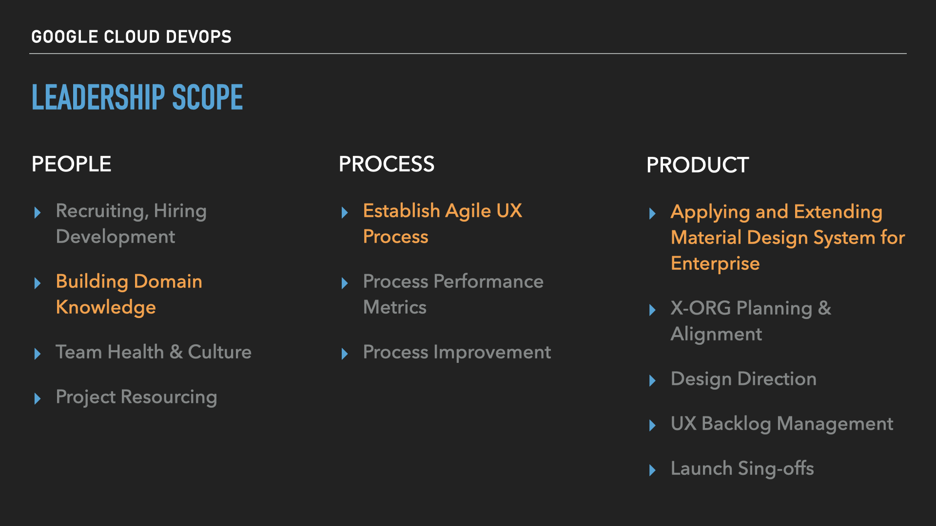  Hired in Q3 2018 with a mandate to  scale the UX team from 2 to 6 members  and deliver the  first Product Vision  for a unified  Google Developer (DevOps) Console  by Q1 2019. 