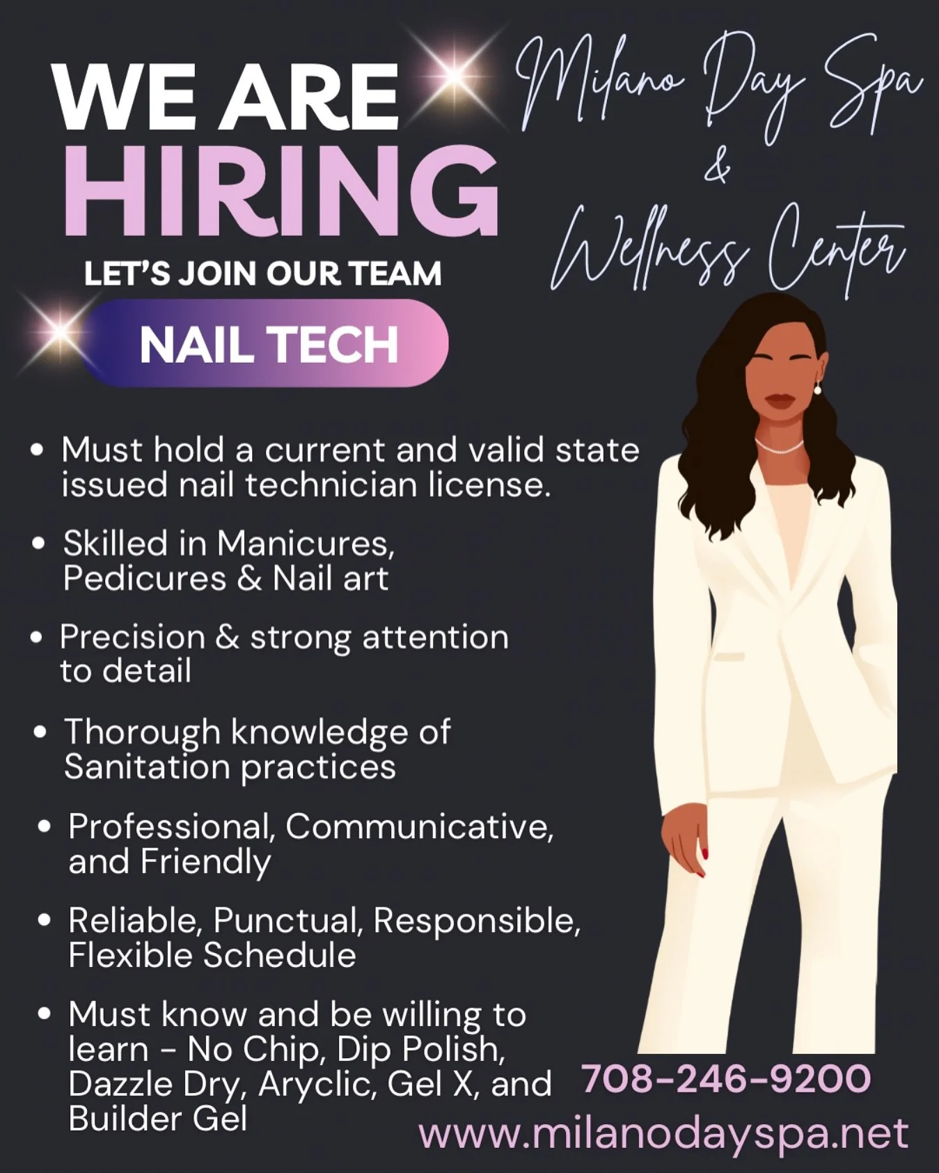 Now Hiring! 💅Nail Technician ✨
&bull;
&bull;
&bull;
#hiringnailtechs #nailtechnician #nails #BurrRidge #LaGrange #Highlands #Hinsdale #IndianHeadParkil #countrysideil #Willowbrook #WesternSprings #Hodgkins #Brookfield #WillowSprings #lemont #napervi