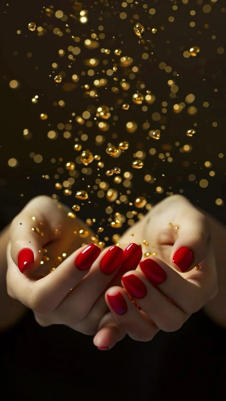 Женские руки с красными ногтями и летающие золотые шарики.jpg