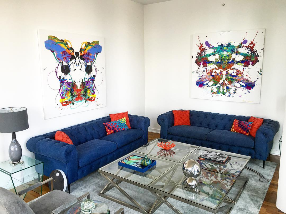 Dual pieces hung in the desirable 101 Warren Street tower in Tribeca NYC. All the colors and compliments come together to create a welcoming vibe. 