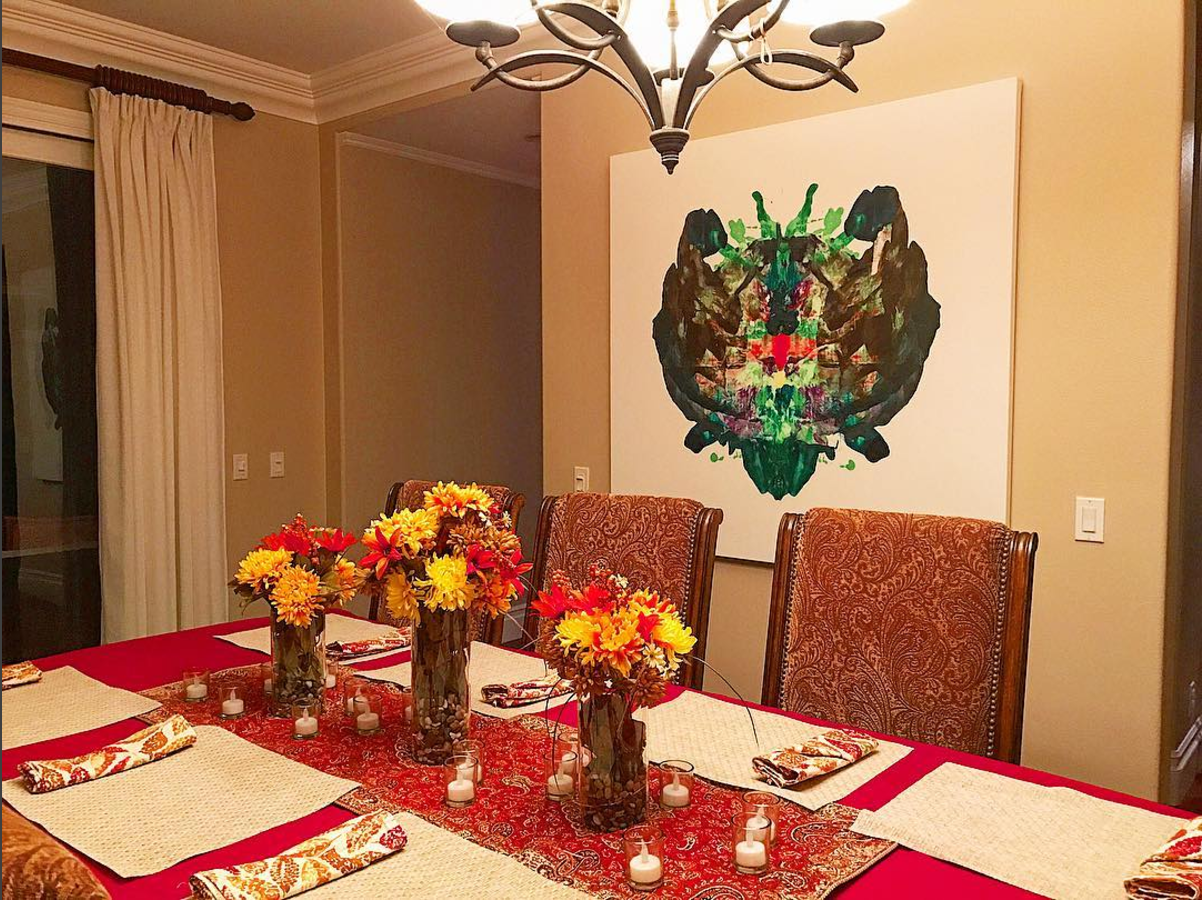 A piece as backdrop to the dining room table at Chad M.'s home in Irvine California. 