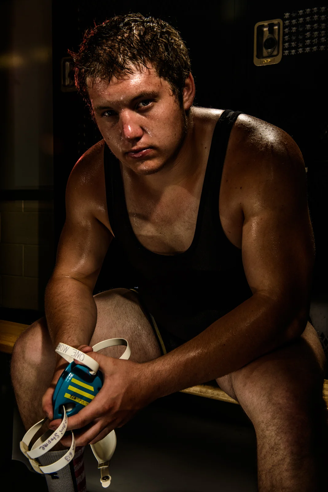 Champion wrestler portrait in locker room