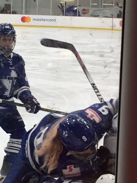 Defenceman (yes, that's how you spell it in Canadian!) Jessica Platt up against the glass.