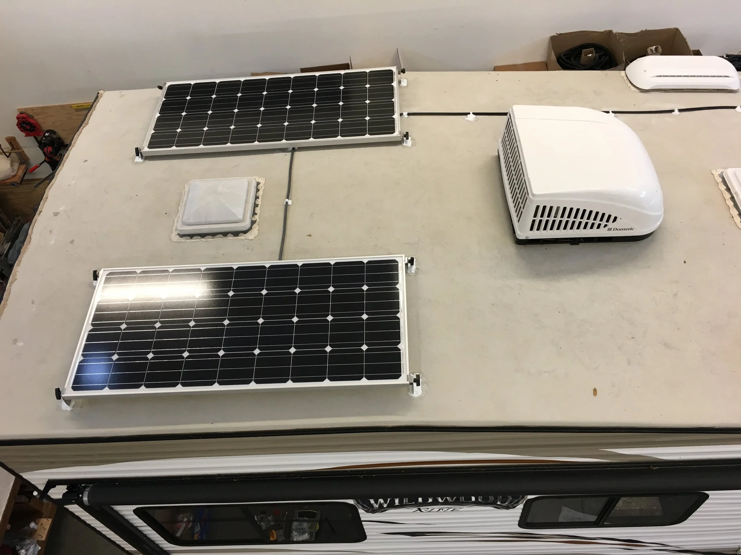 Equipment Added: 2x 160W Solar Panel Kits 1x Victron Blue Solar MPPT 100/30 Charge Controller 1x Victron MPPT Charge Control Monitor 2x AGM-GPL-4CT 6V 220Ah Battery Bank 1x Victron BMV-702 Battery Monitor 1x Daystar Meter 1x Victron Phoenix 12/250-120V Inverter Kit