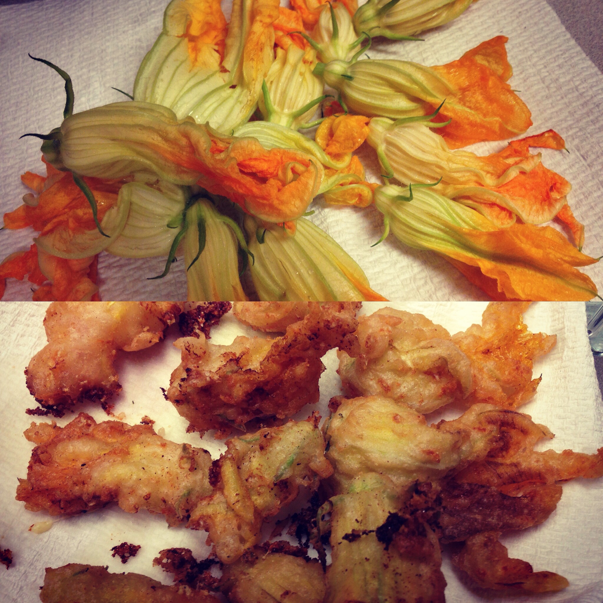 When life gives you flowers, you eat them? I told you of the bounty of Joe's garden, The zucchini flowers were out of control. So we picked em, stuffed em with a little ricotta and batter fried them up. Its an old school italian delight I picked up on in the quiet beach town of Cinque Terra on the Ligurian sea. No words.......