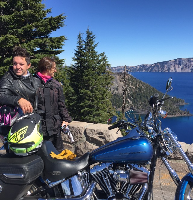 Joe has a near replica of one of my old Harleys. We took a nice ride out to Crater Lake, couple hundred miles. The lake is actually not a crater at all. It's a caldera, the ancient remains of a once very active volcano. No meteorites to find here, Dad, you can put the metal detector away.