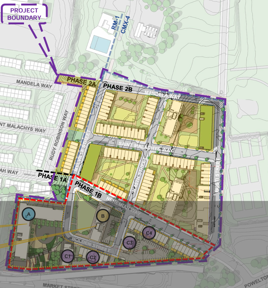 Greater connectivity across the site was planned through extending streets and infilling excess open space with townhomes and midrise buildings.