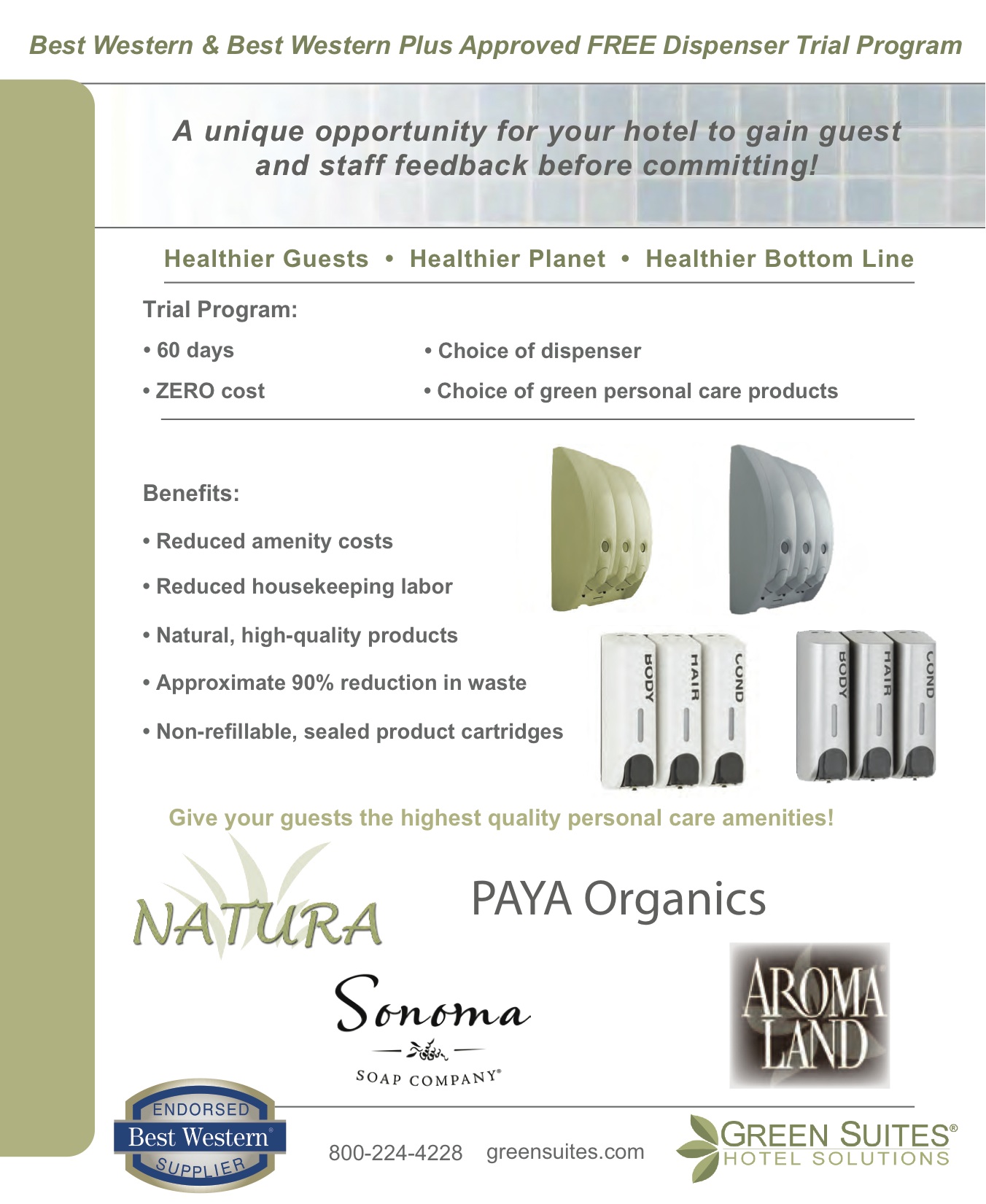 BEFORE: EcoSense Flyer Original design lacked focus and clarity; supplied by Green Suites Hotel Solutions.