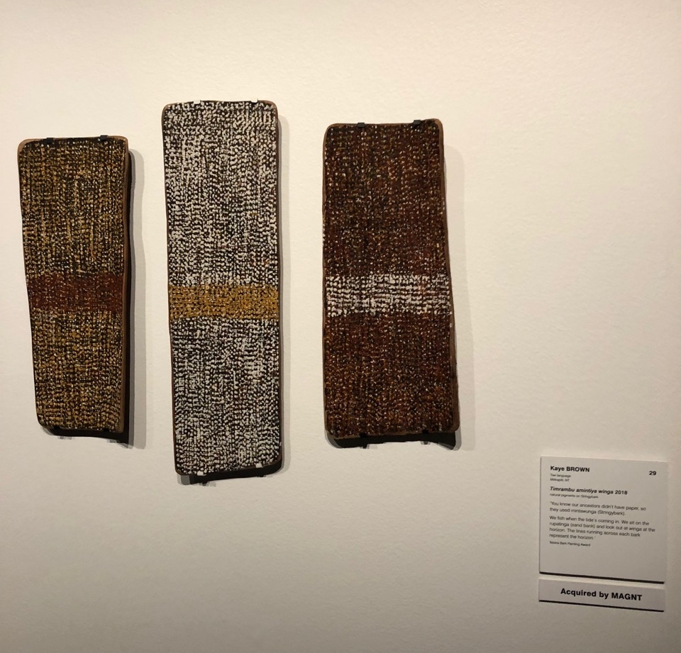 Kaye Brown’s three fine bark paintings - Timrambu amintiya winga, 2018