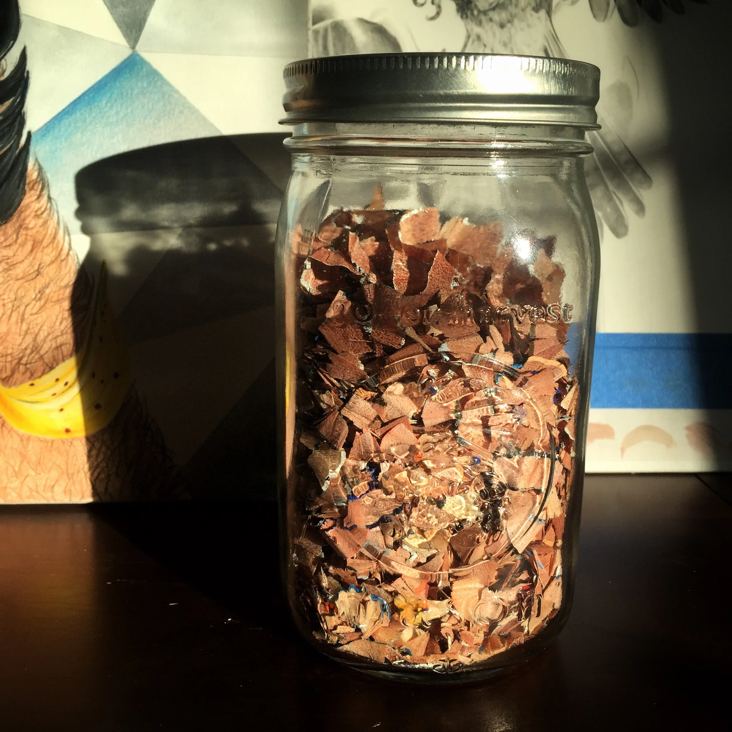 This jar holds all my pencil shavings from my last piece, which is essentially my work from all of January.