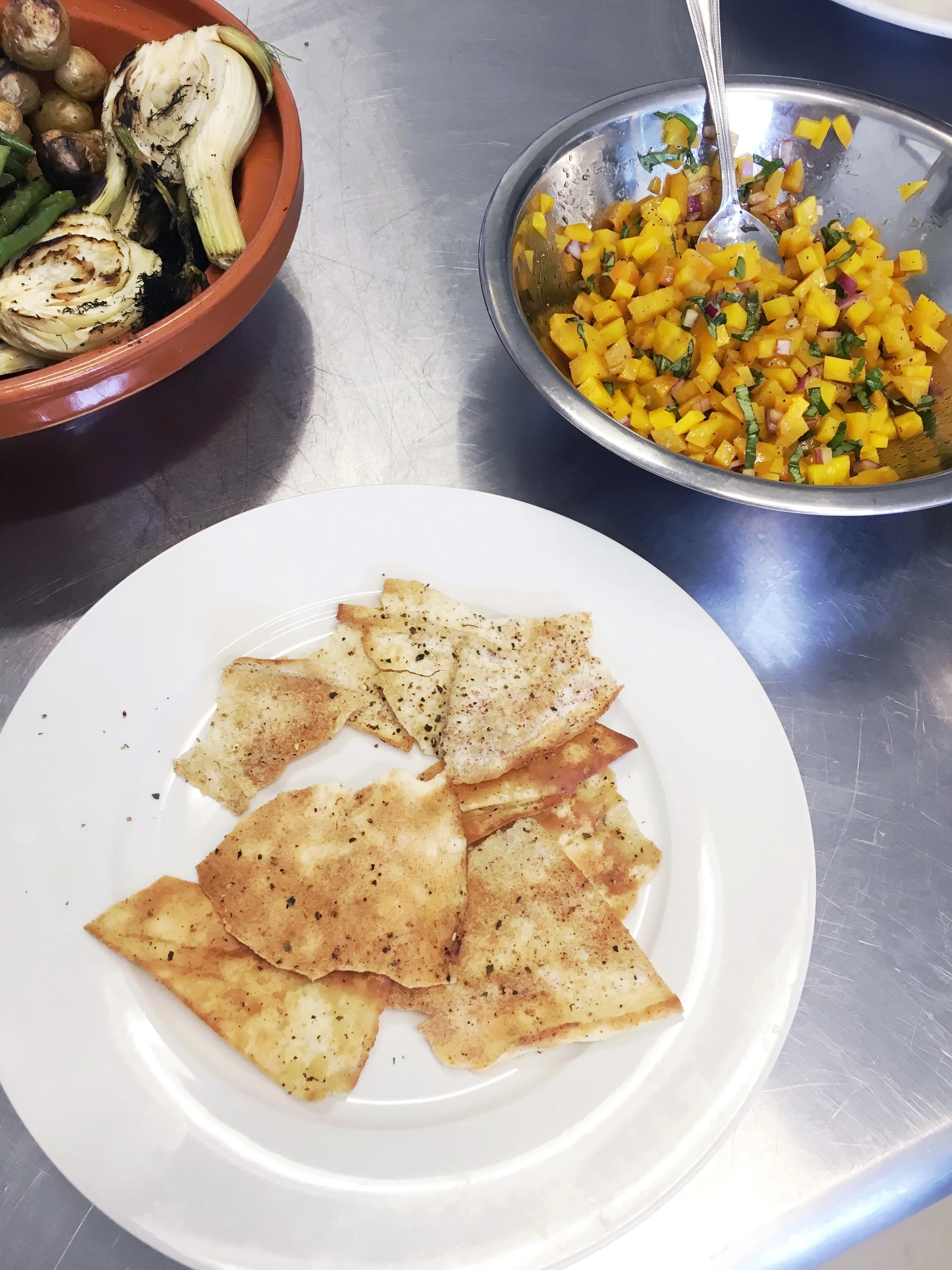Yellow beet bruschetta on pita crisps. Roasted veggies with the super awesome plum sauce.