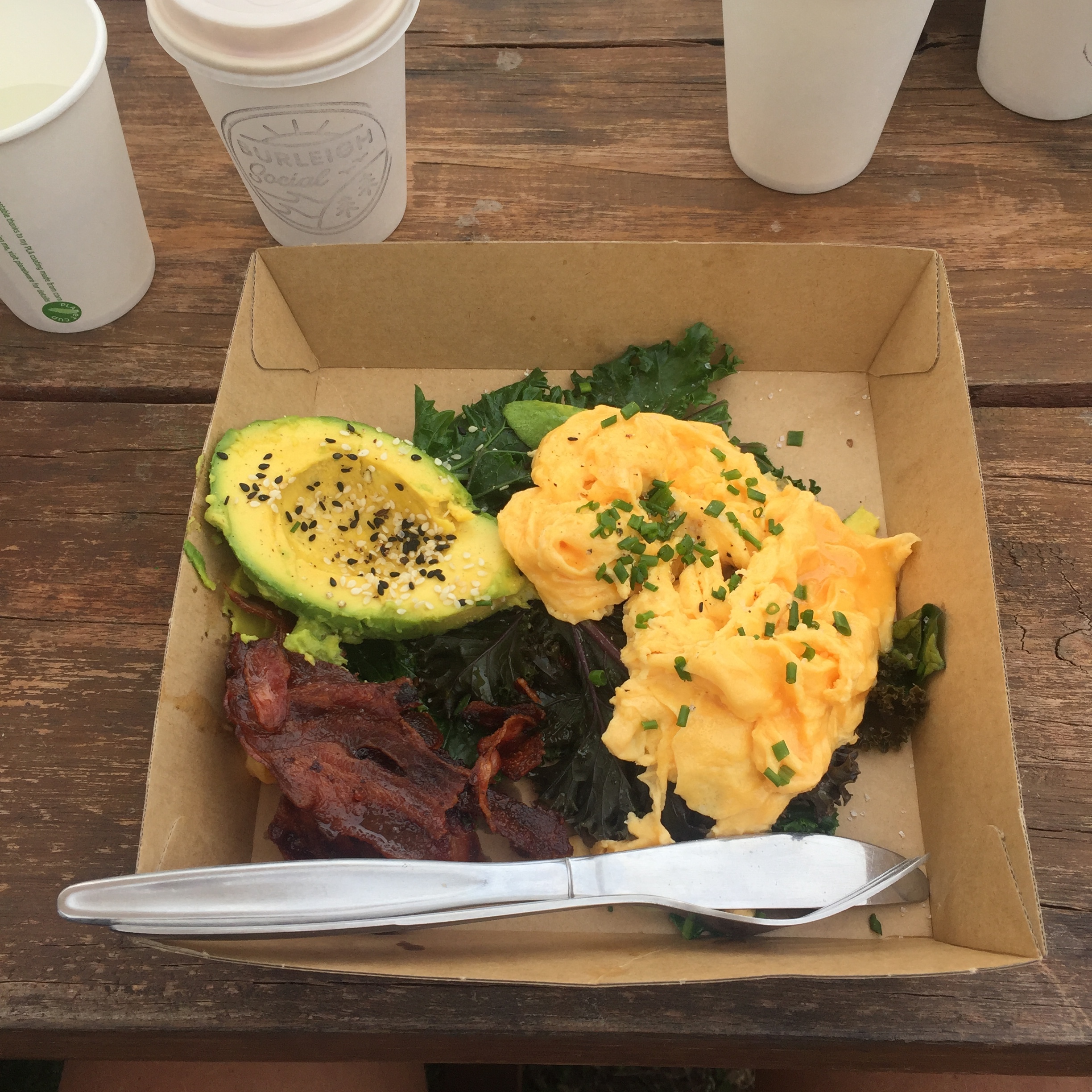 Yep, brekky comes in a cardboard box at Burleigh Social!