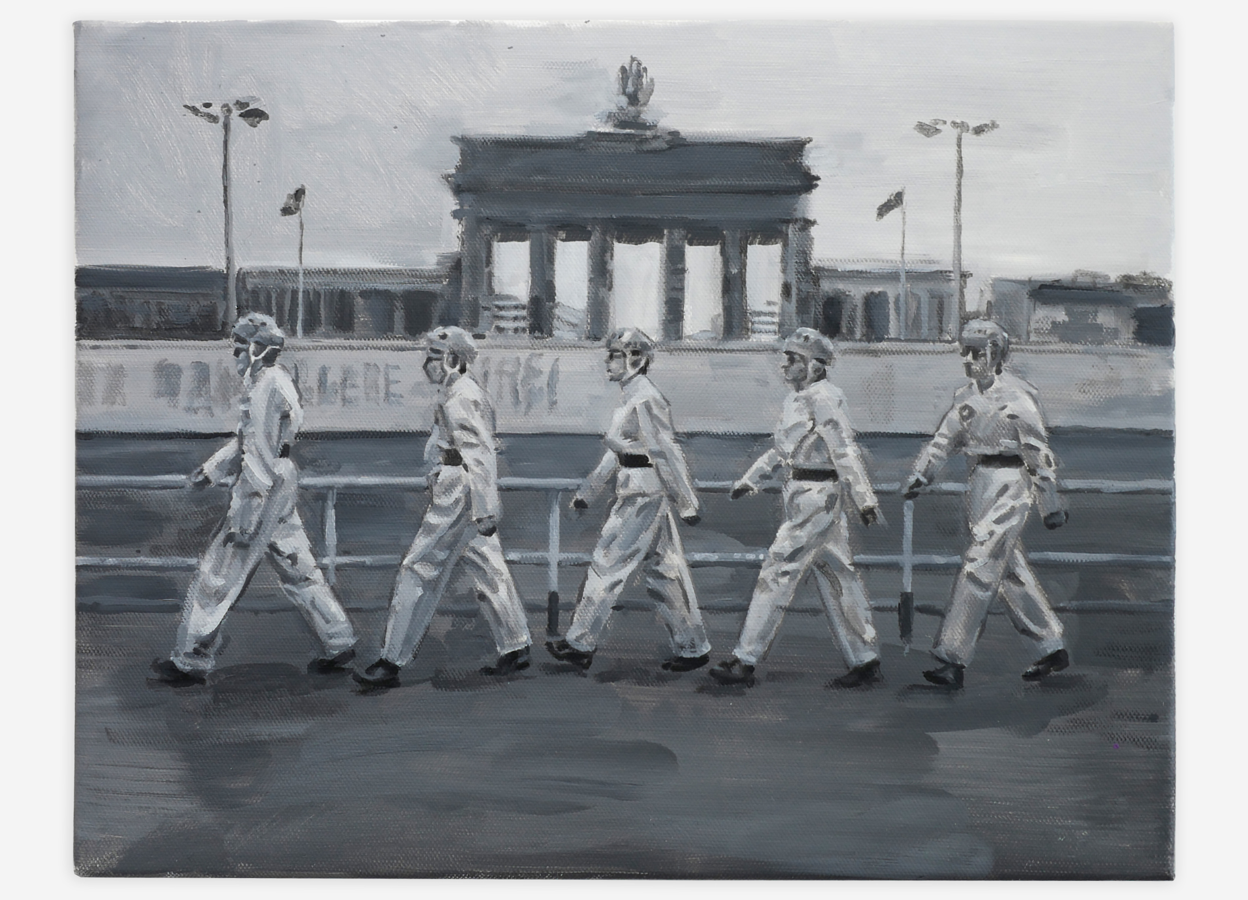   Devo at Berlin Wall 1978, oil on canvas, 11” x 14”, 2016  