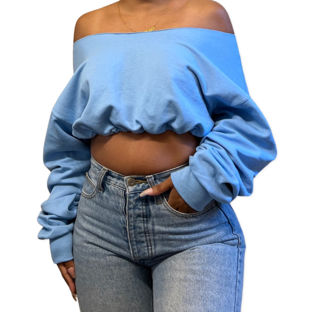Light Blue Off Shoulder Cropped Sweatshirt — MY CAMPUS CLOSET