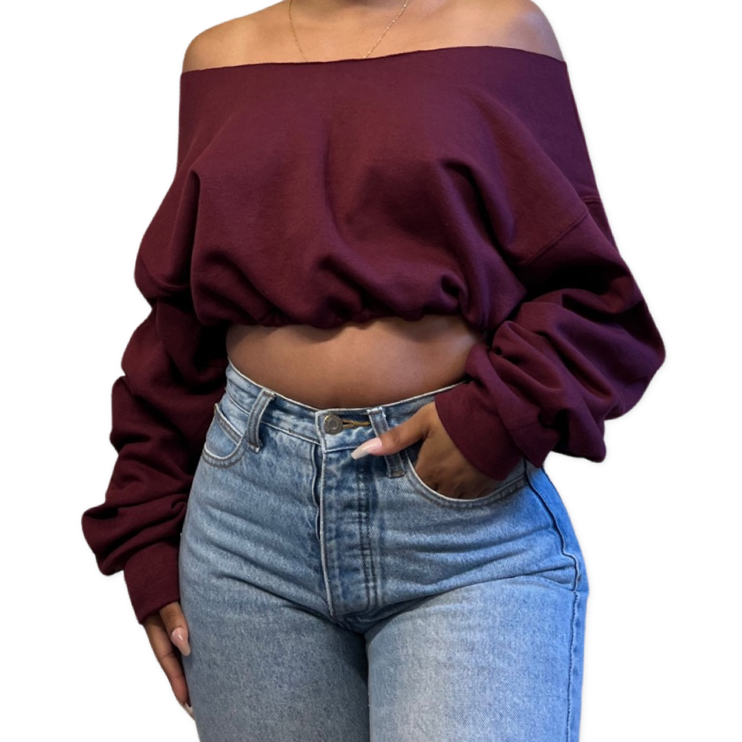 Wine Off Shoulder Cropped Sweatshirt MY CAMPUS CLOSET