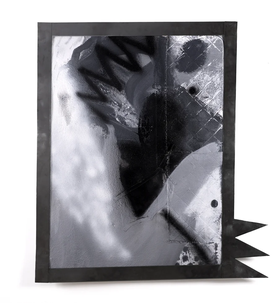 Downy Chick 2019 Acrylic, spray paint and mixed media on canvas with stainless steel frame 48 x 52.5”