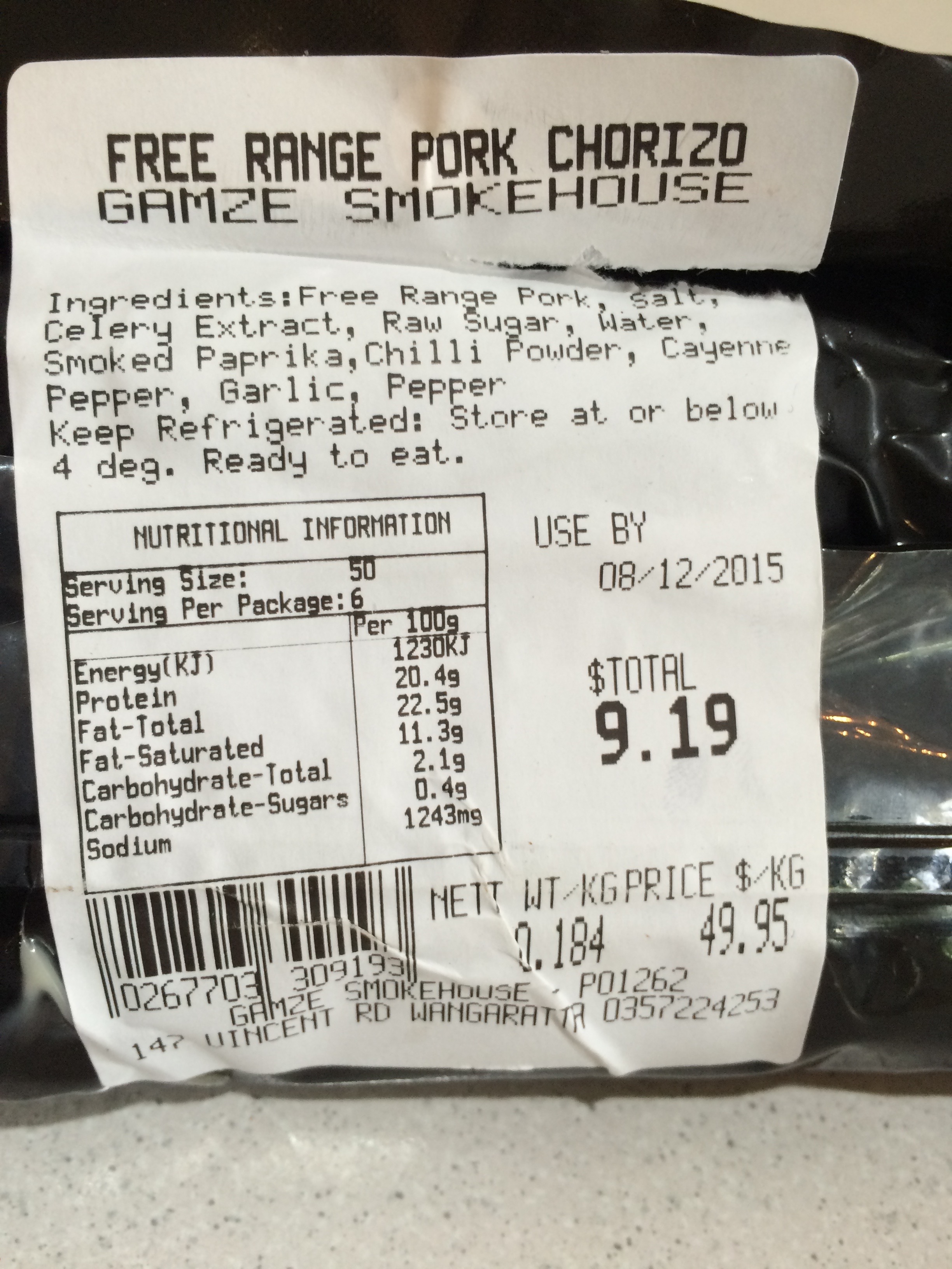 Here are the ingredients and contact details for the chorizo 