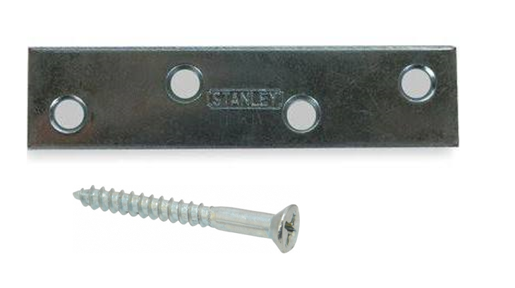 Mending plates and screws come in a wide variety of shapes and sizes and are readily available at the local hardware store.