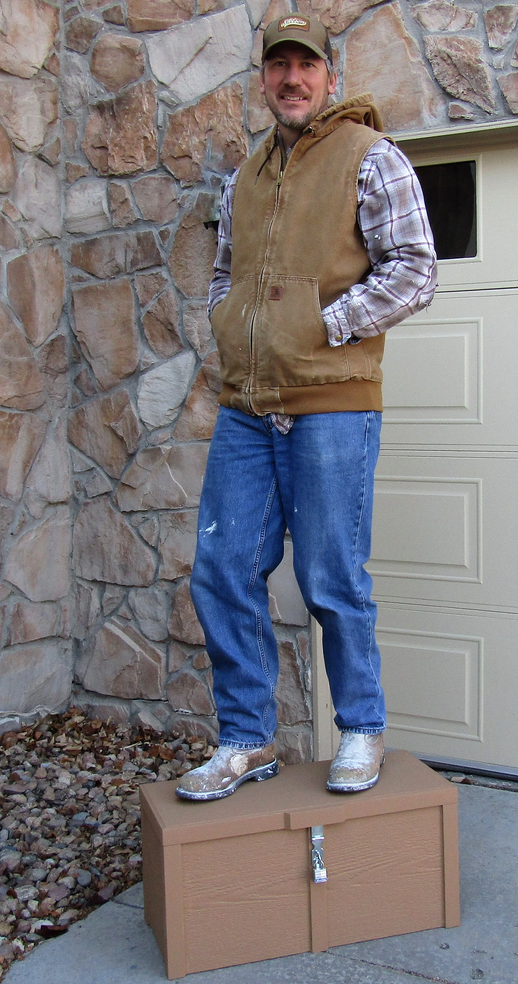 TOUGH? That’s 210 pounds of me standing on a Cinnamon Colored, Locking Porch Box (PS-the lawyers tell me to tell you not to stand on our boxes)