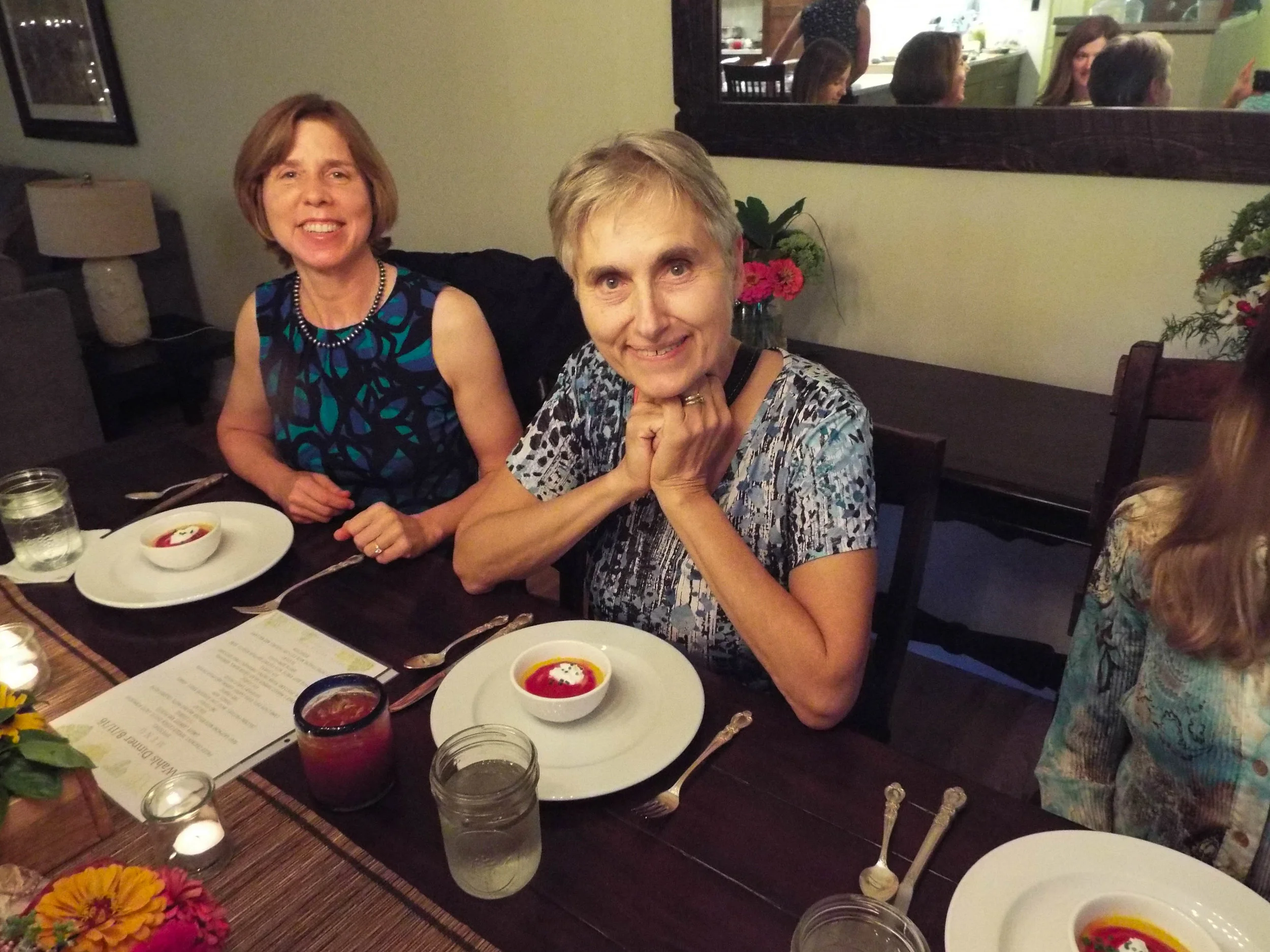 Terry Wahls about to enjoy some of my Curried Beet Gazpacho. Sitting to her left is her cousin, Sara Wahls. 