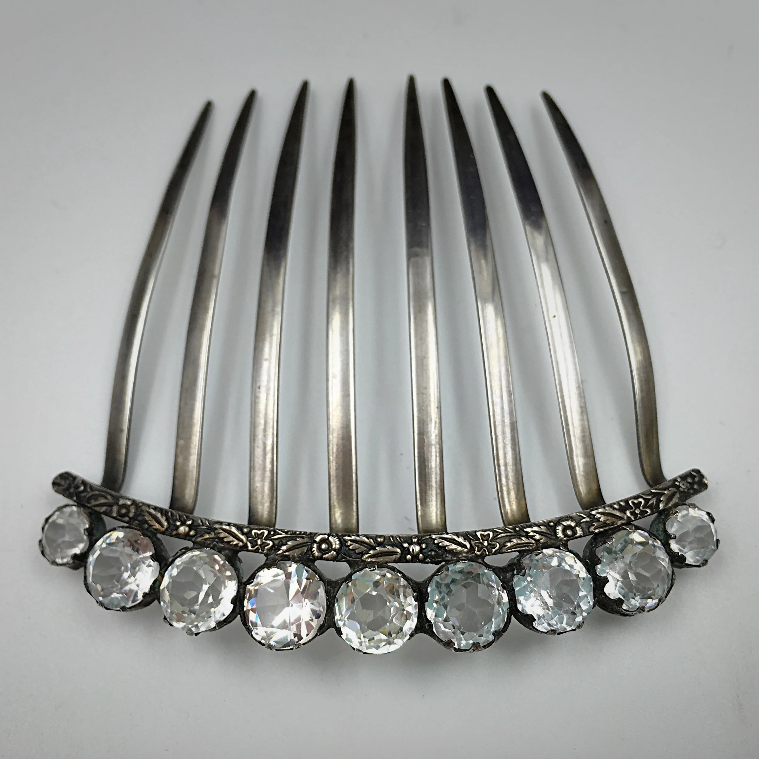 Melisa Comb in old silver and stones Old Vintage Sterling Copper Travel Comb, Floral Design  main image 4