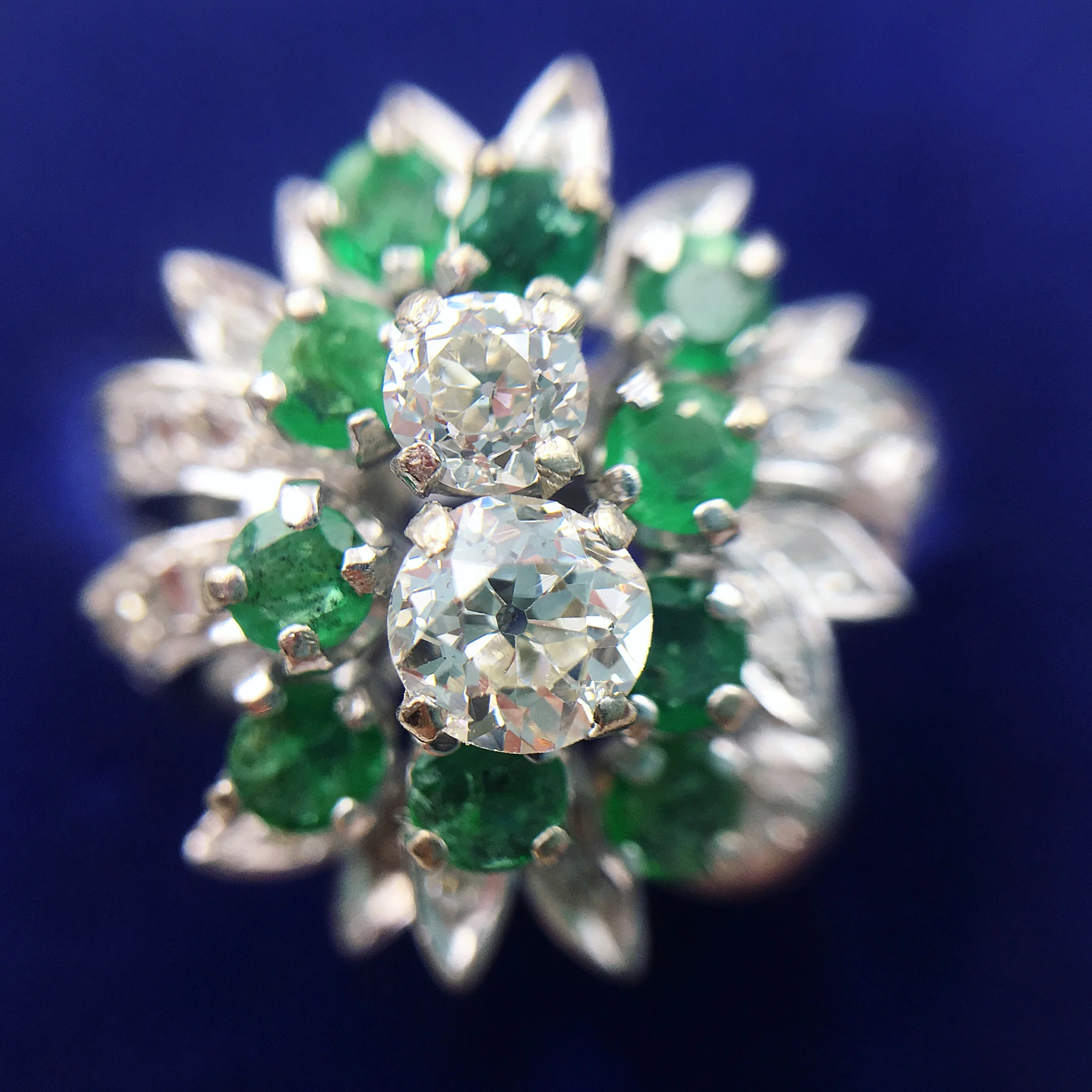 mid century emerald cocktail ring, vintage diamond cocktail ring, reverie vintage, antique jewelry nyc