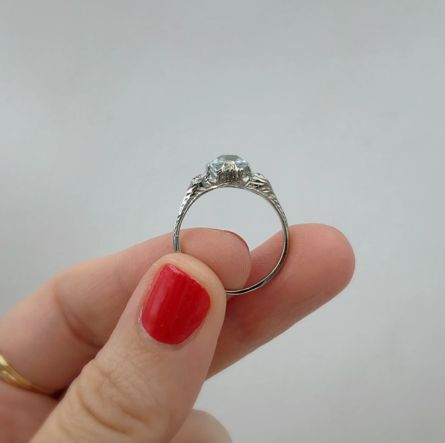 deco aquamarine ring, alternative engagement ring, vintage bridal jewelry, antique wedding jewelry, reverie vintage shop nyc 