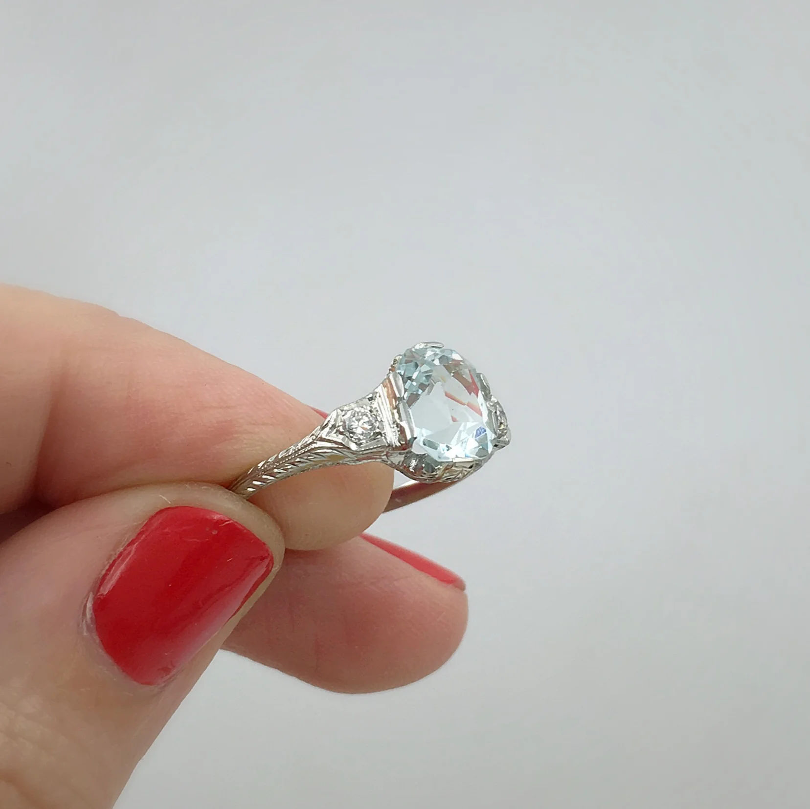 deco aquamarine ring, alternative engagement ring, vintage bridal jewelry, antique wedding jewelry, reverie vintage shop nyc 