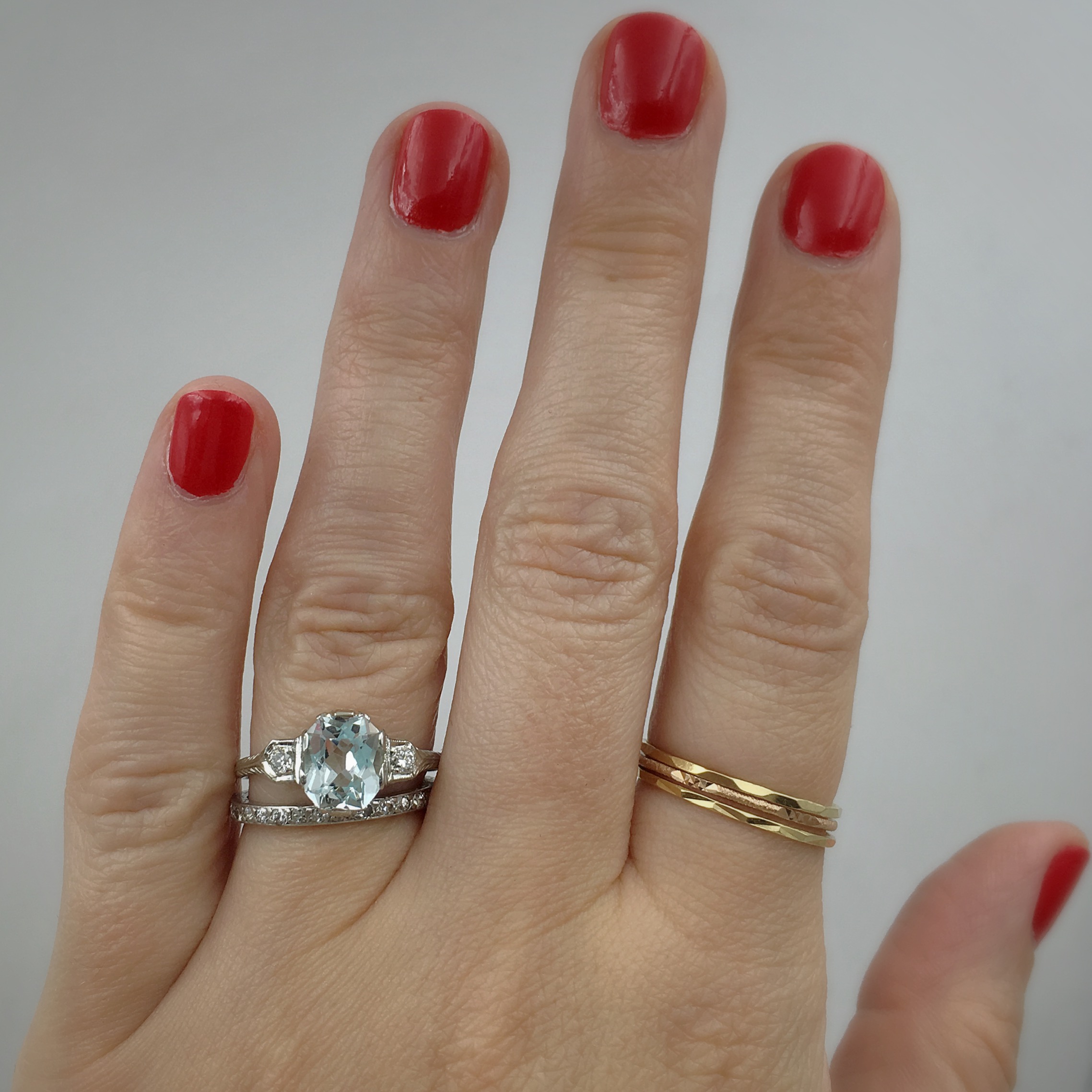 deco aquamarine ring, alternative engagement ring, vintage bridal jewelry, antique wedding jewelry, reverie vintage shop nyc 