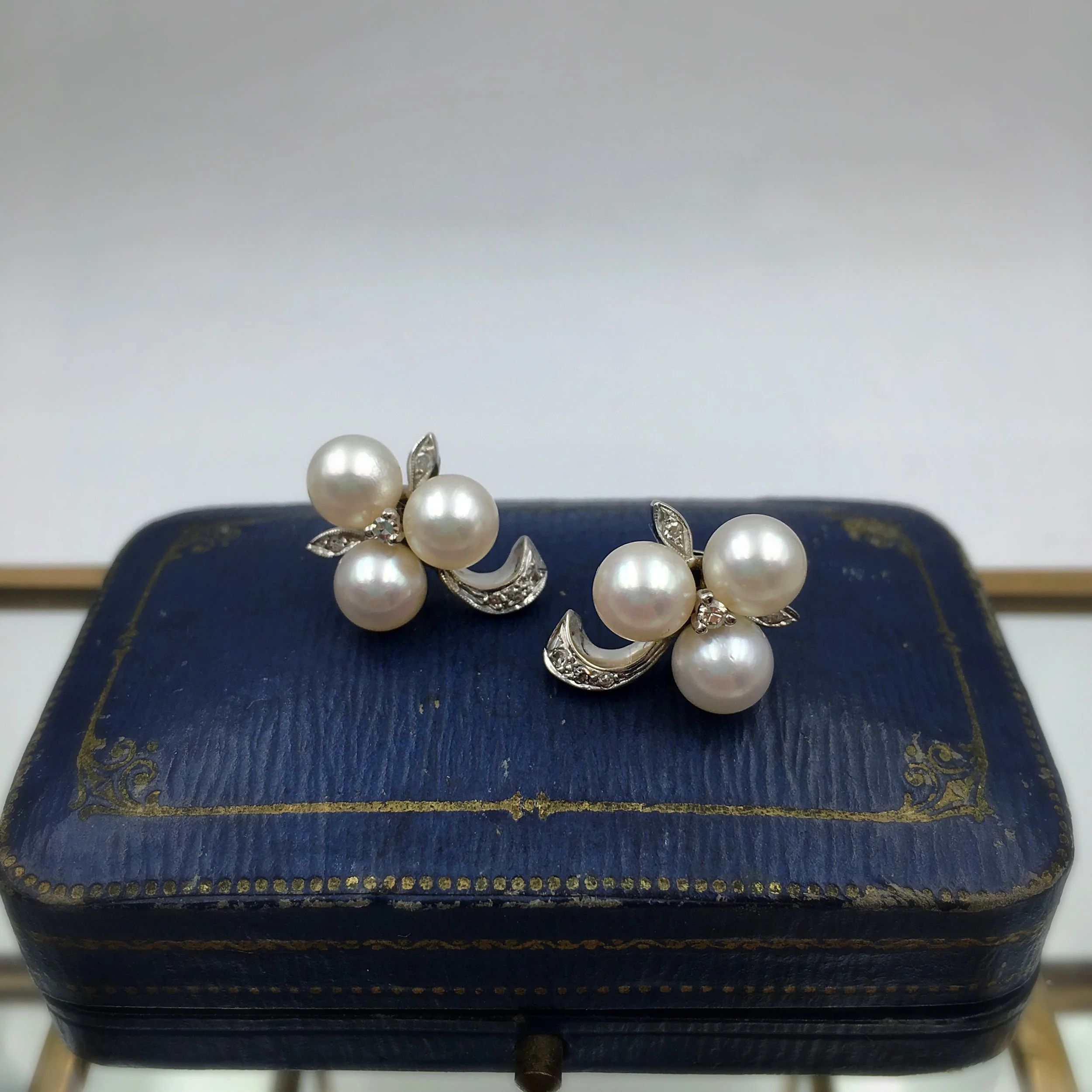 vintage wedding earrings, pearl and diamond mid century bridal jewelry, Reverie vintage jewelry NYC
