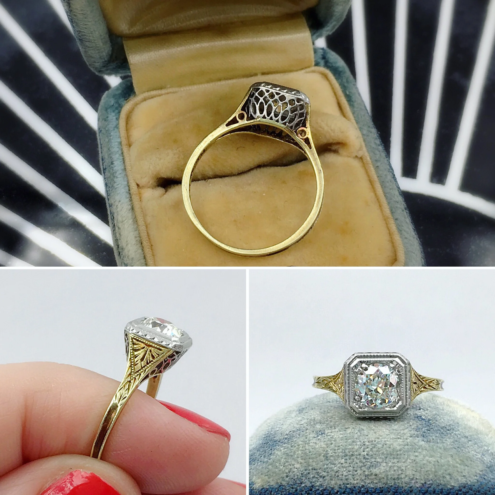 Edwardian filigree solitaire diamond engagement ring, Reverie vintage jewelry nyc