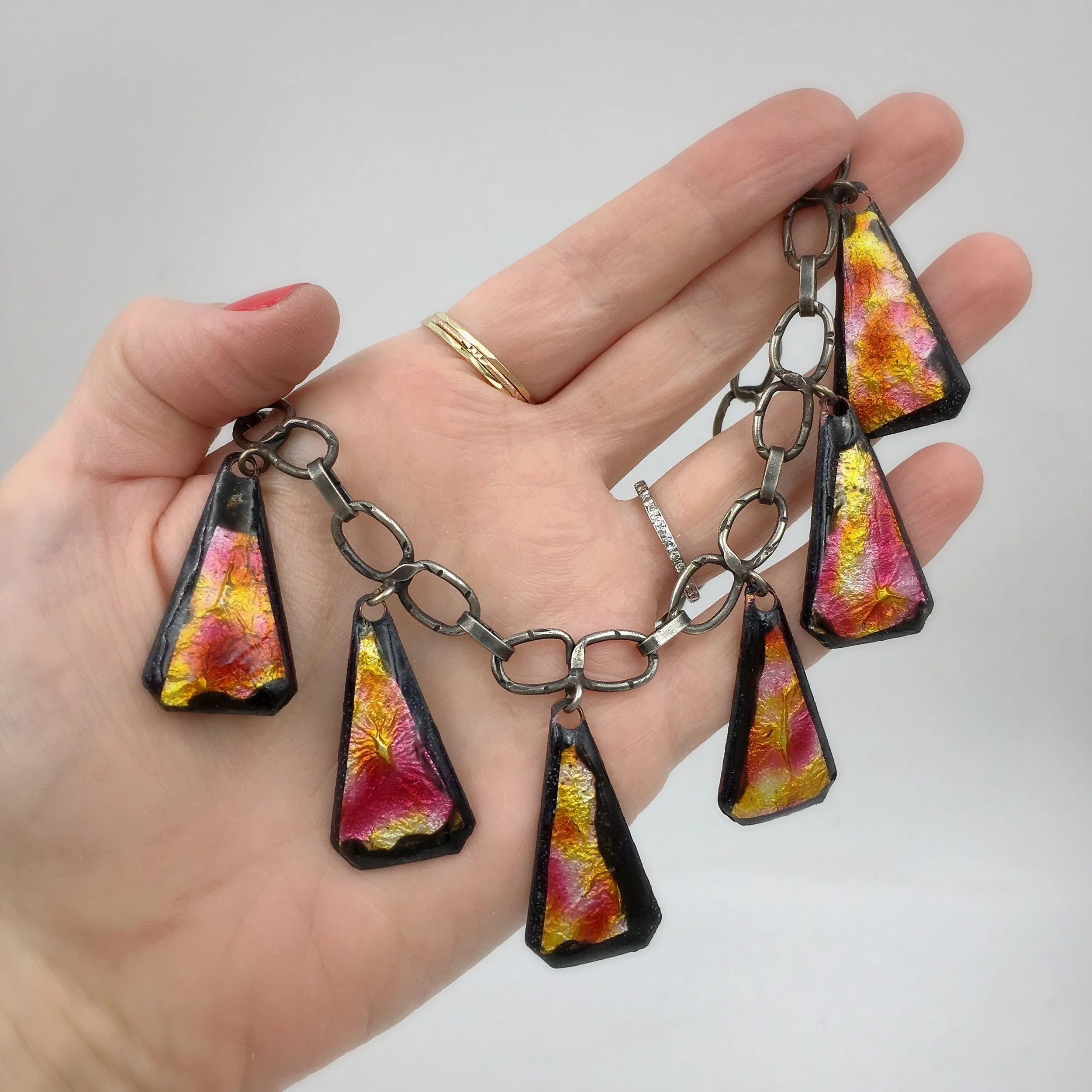 Mid Century studio jewelry, sterling enamel necklace, Reverie vintage NYC