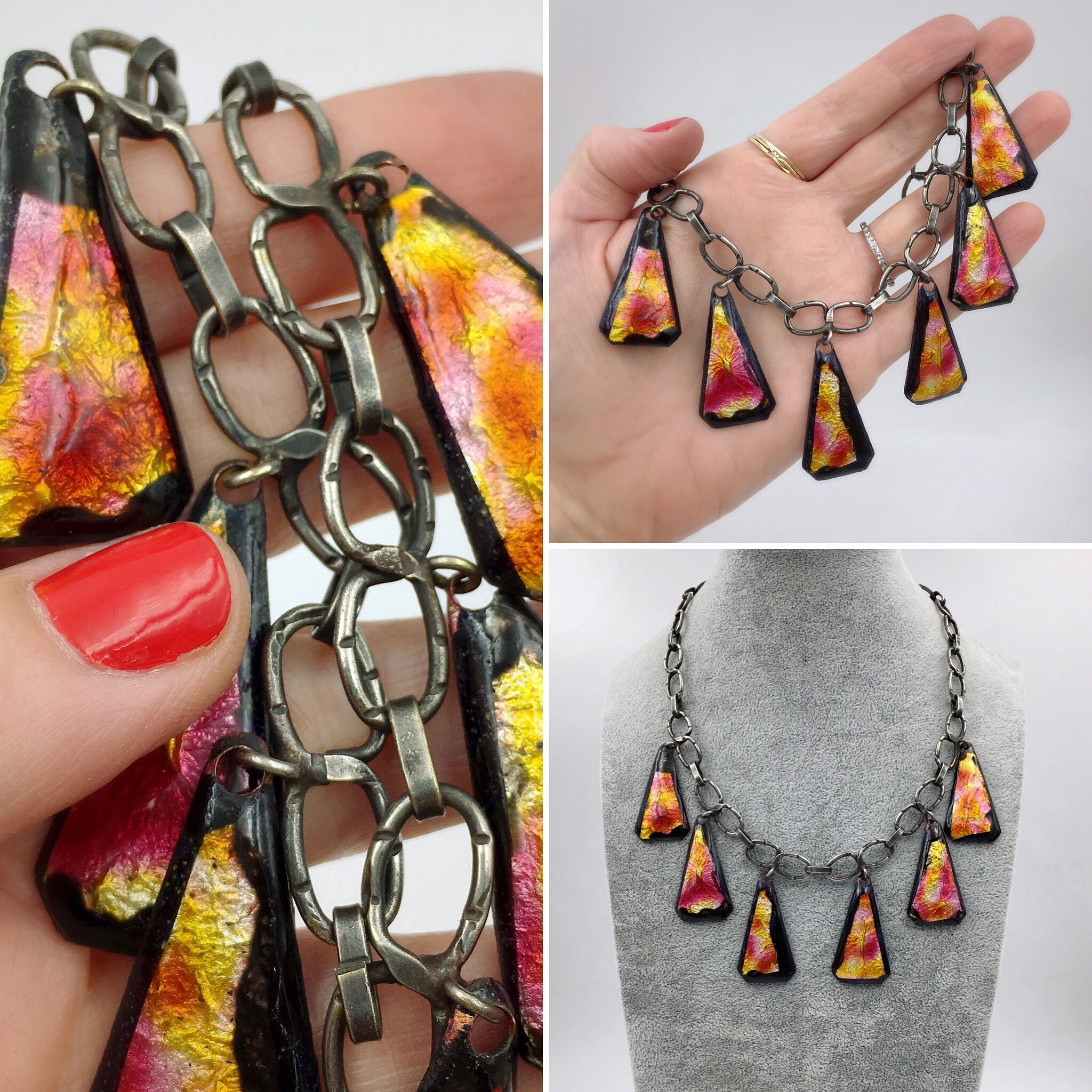 Mid Century studio jewelry, sterling enamel necklace, Reverie vintage NYC