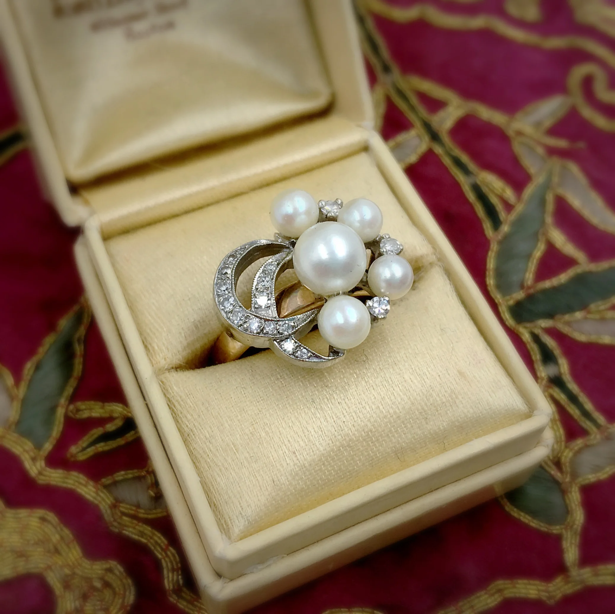 Vintage diamond crescent moon and pearl ring, Reverie estate jewelry NYC