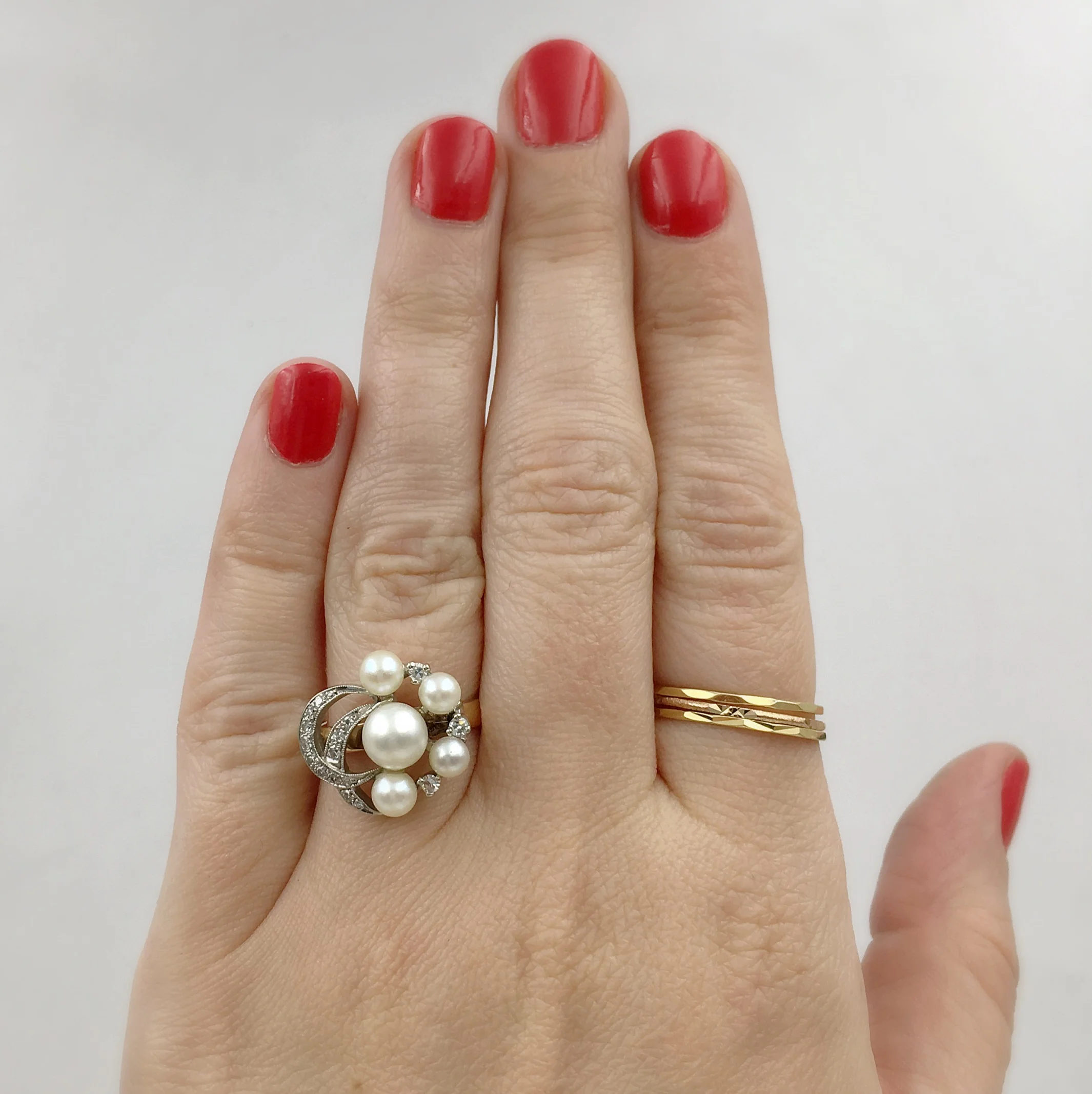 Vintage diamond crescent moon and pearl ring, Reverie estate jewelry NYC