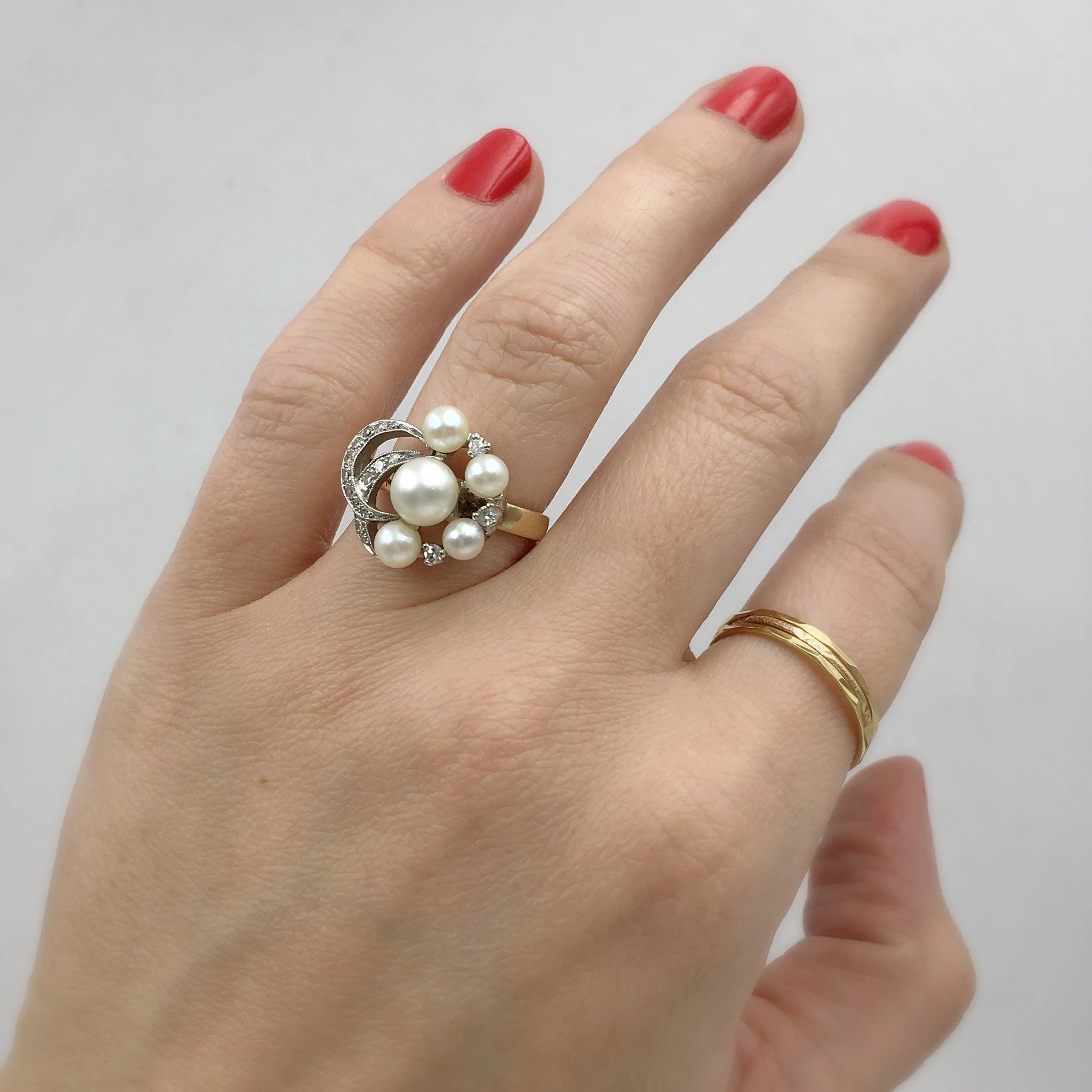 Vintage diamond crescent moon and pearl ring, Reverie estate jewelry NYC
