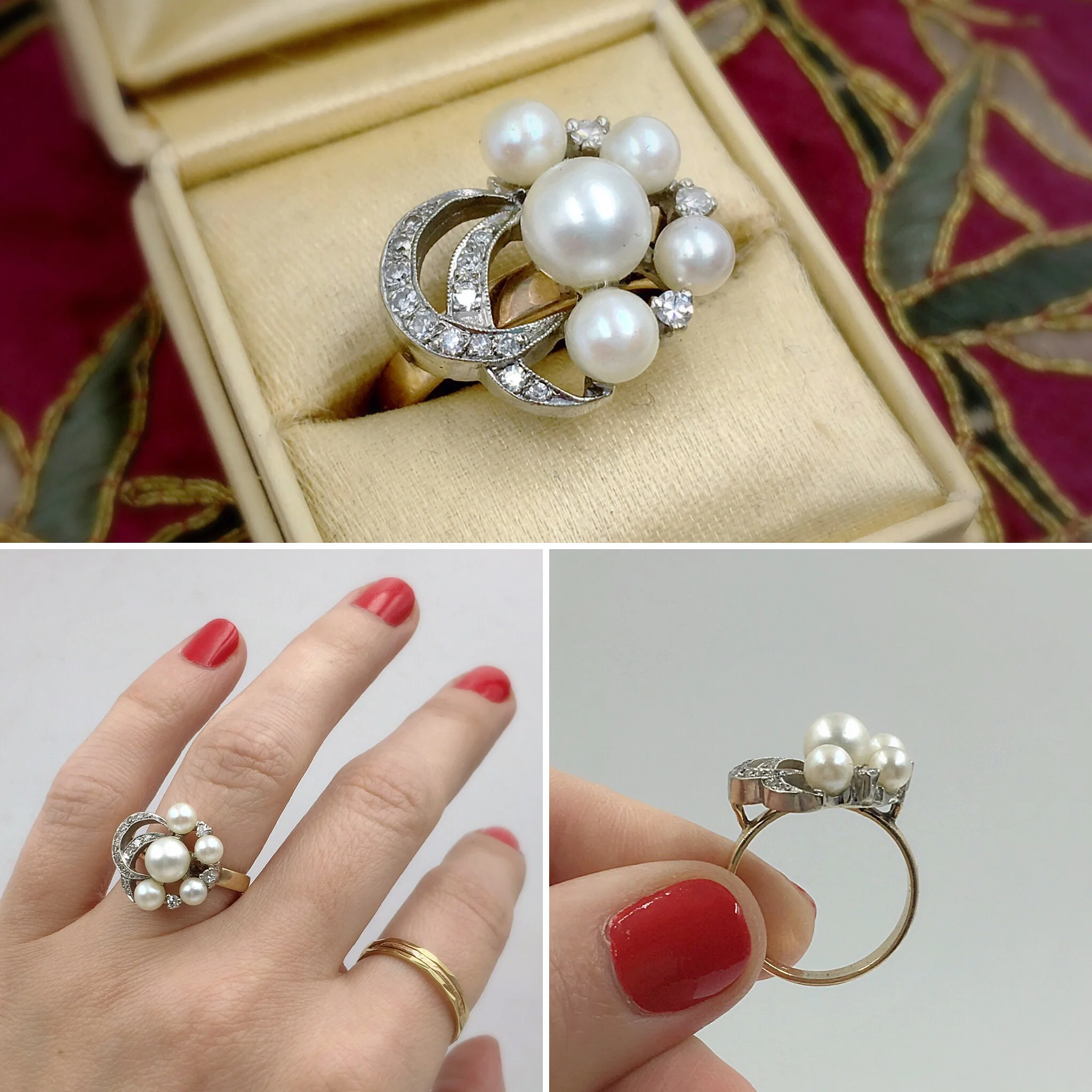 Vintage diamond crescent moon and pearl ring, Reverie estate jewelry NYC