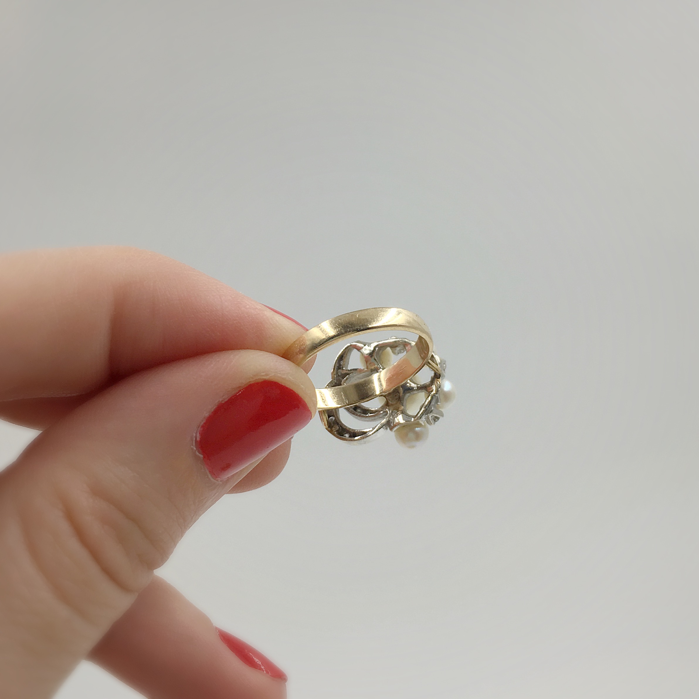 Vintage diamond crescent moon and pearl ring, Reverie estate jewelry NYC