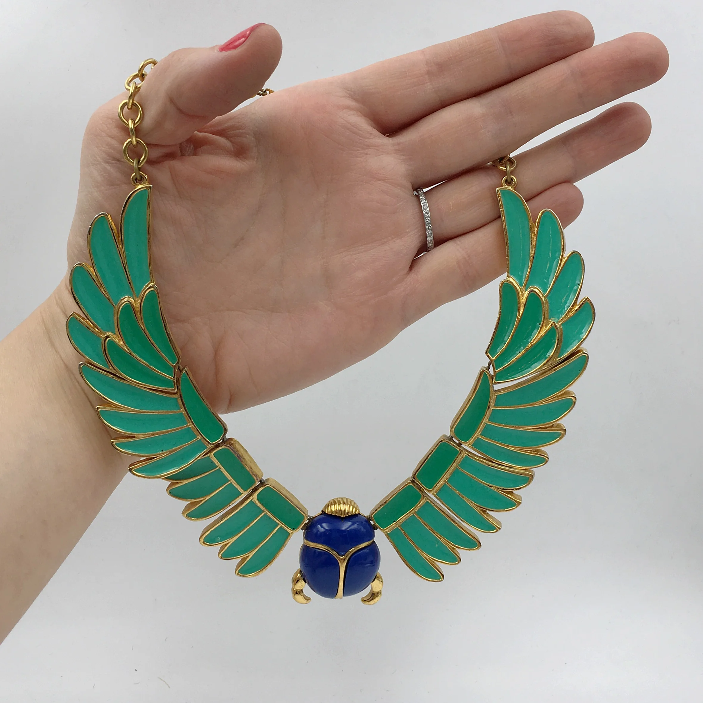 hattie carnegie egyptian revival enamel scarab necklace, reverie vintage jewelry nyc