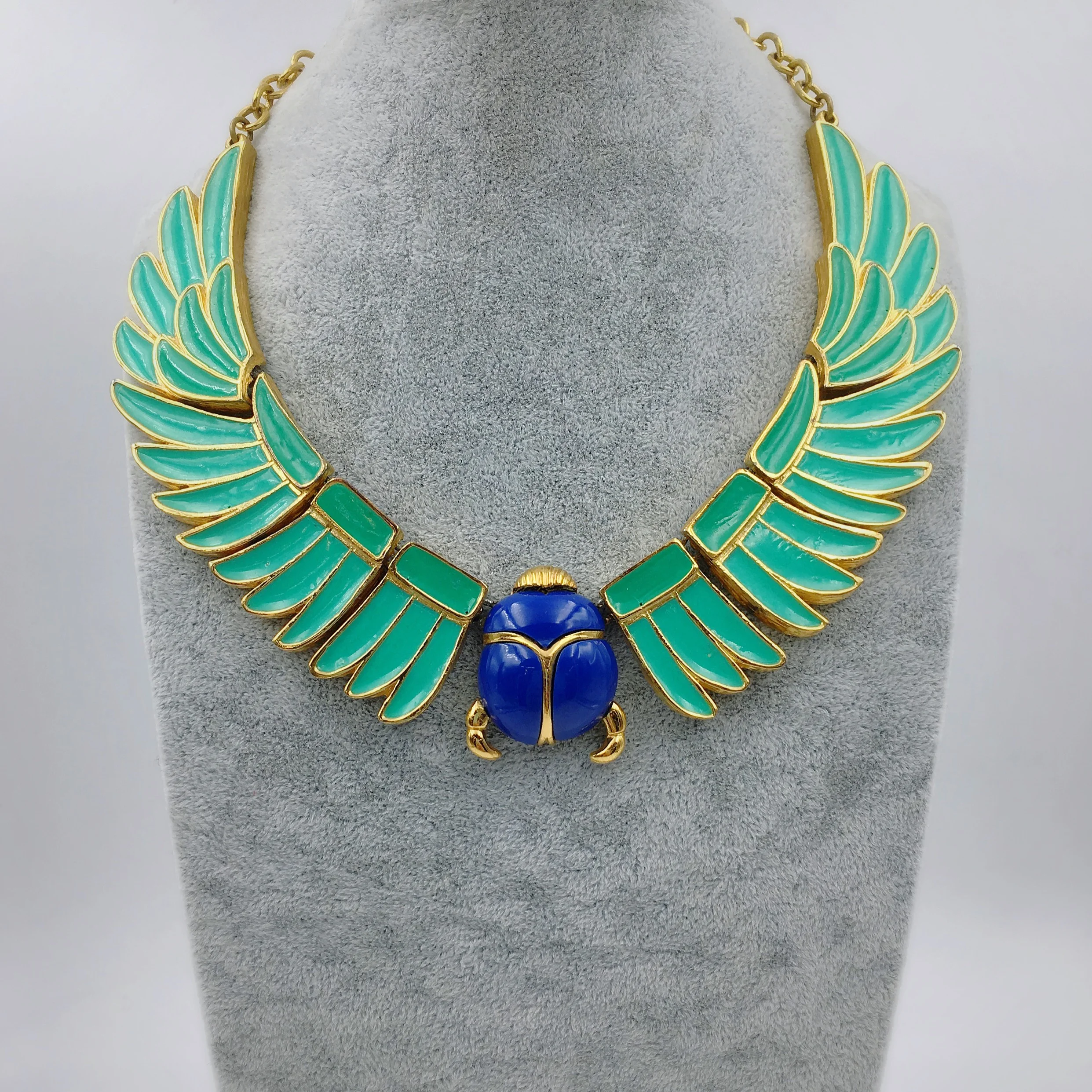 hattie carnegie egyptian revival enamel scarab necklace, reverie vintage jewelry nyc