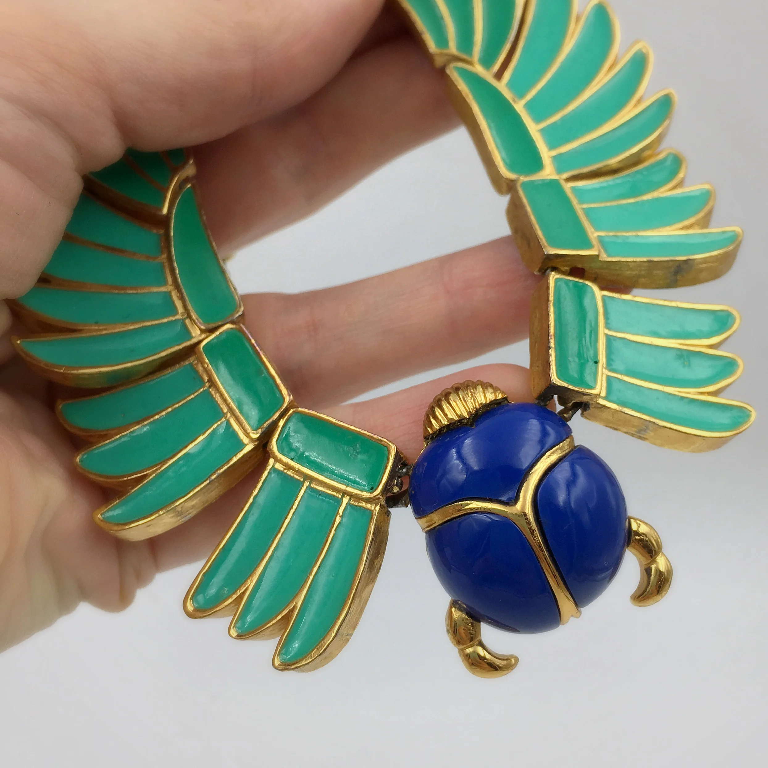 hattie carnegie egyptian revival enamel scarab necklace, reverie vintage jewelry nyc