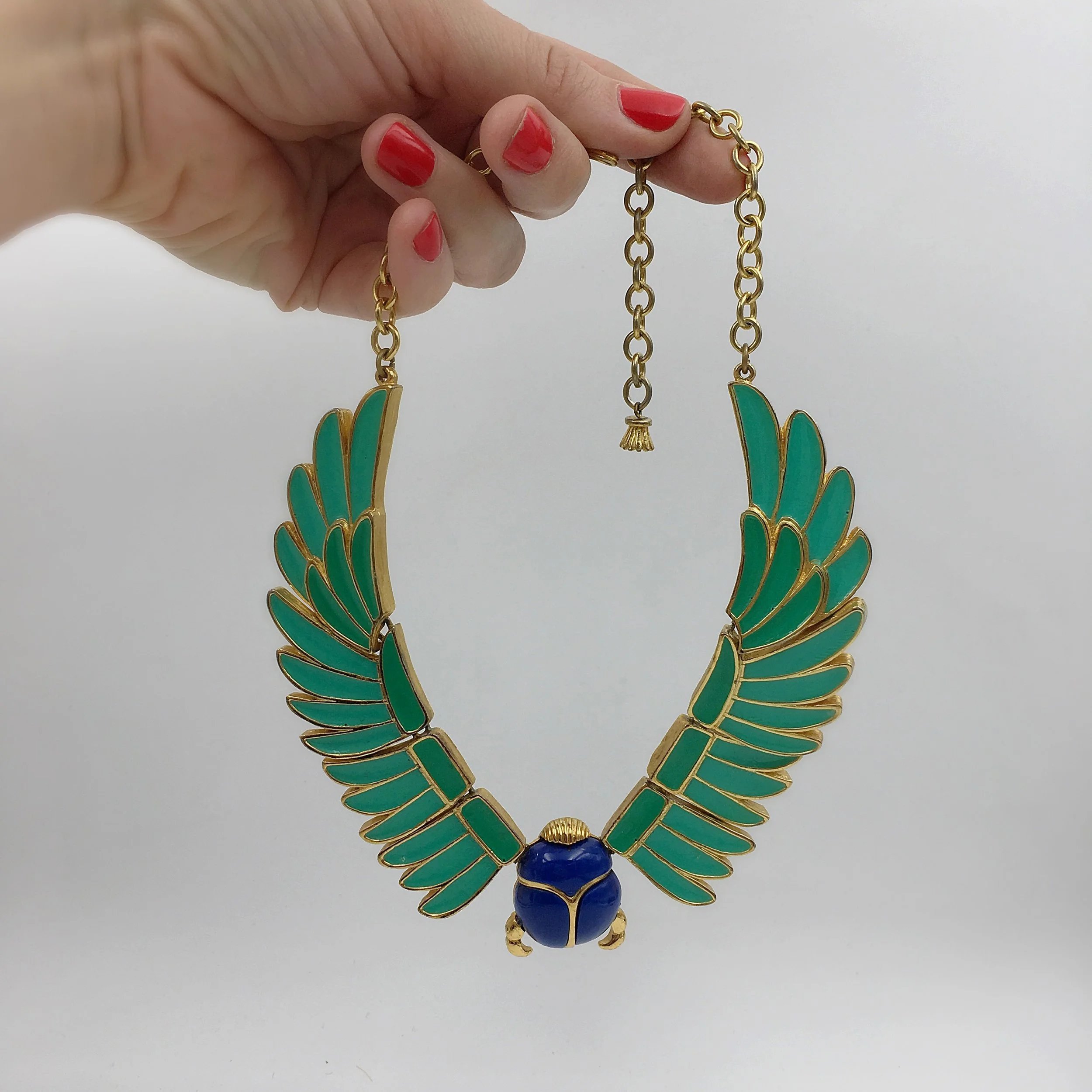 hattie carnegie egyptian revival enamel scarab necklace, reverie vintage jewelry nyc